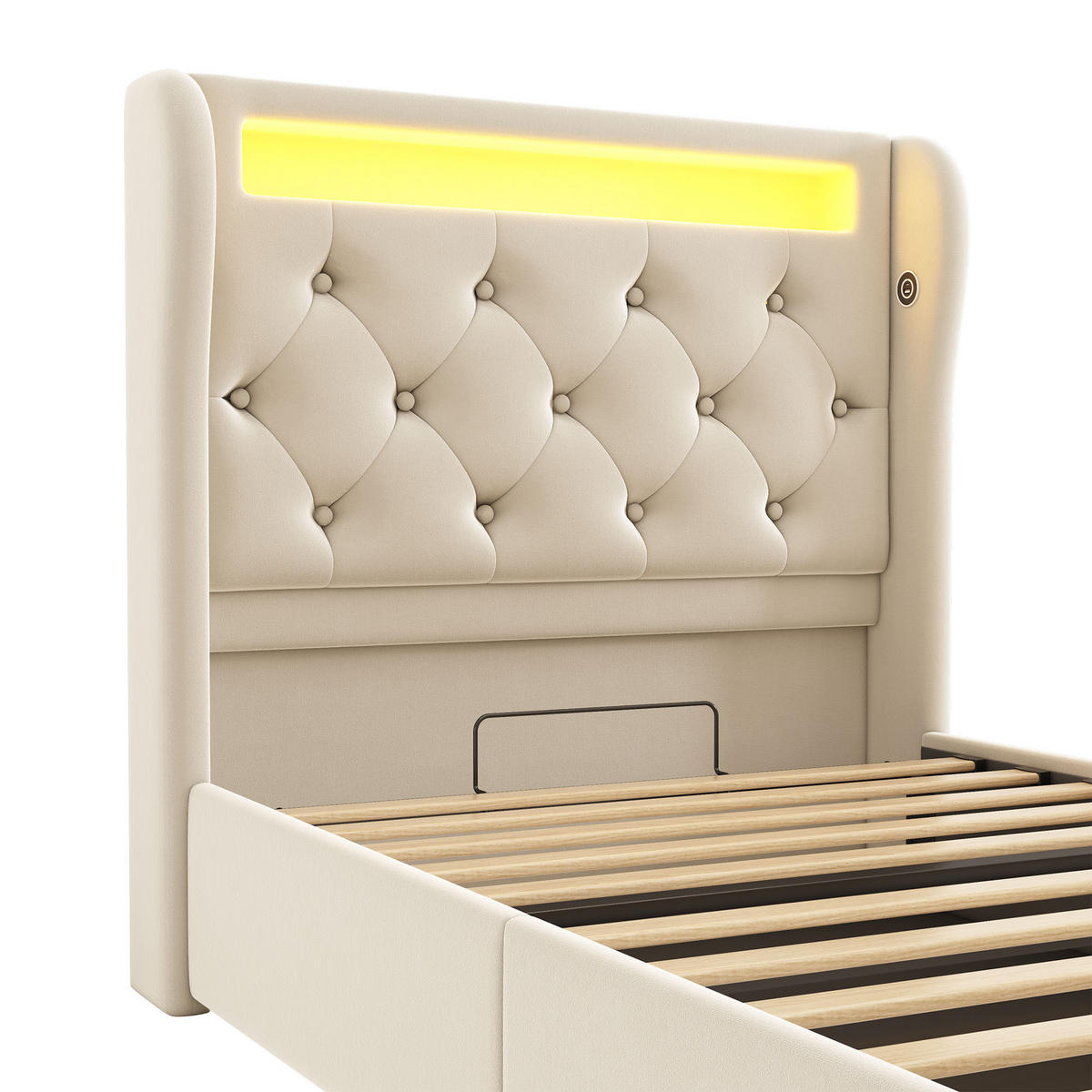 POLSTER EINZELBETT 90x200cm mit LED USB-C & Hydraulik Stauraum Beige - Beige, Holz (90/200cm) - FLIEKS