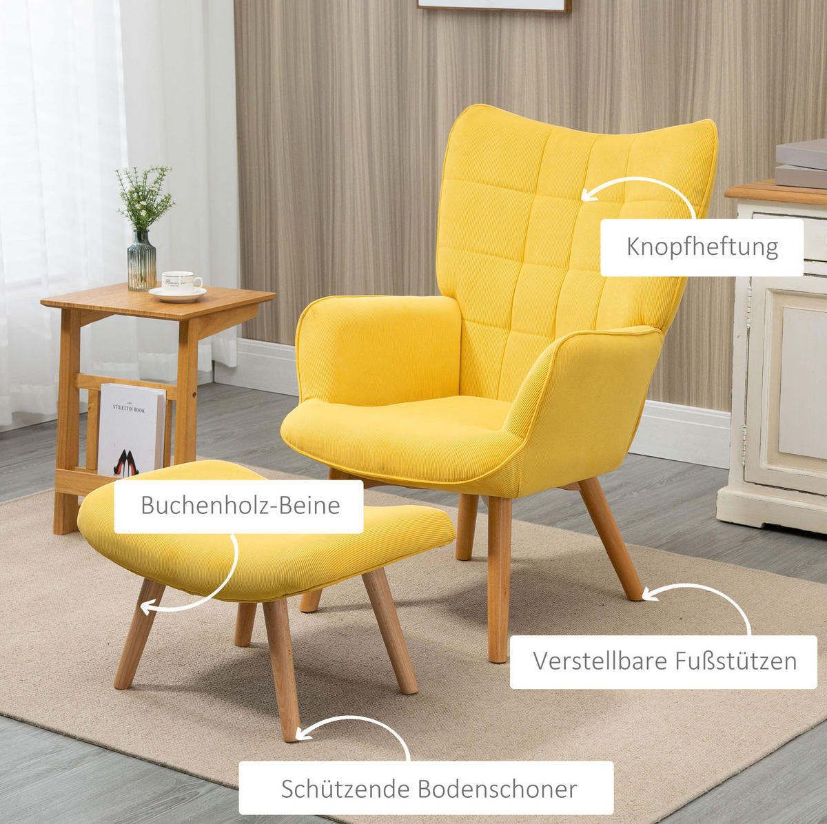 RELAXSESSEL 72/80/101 cm gelb aus Polyester mit Hocker - Gelb, Textil (72/101/80cm) - OKWISH