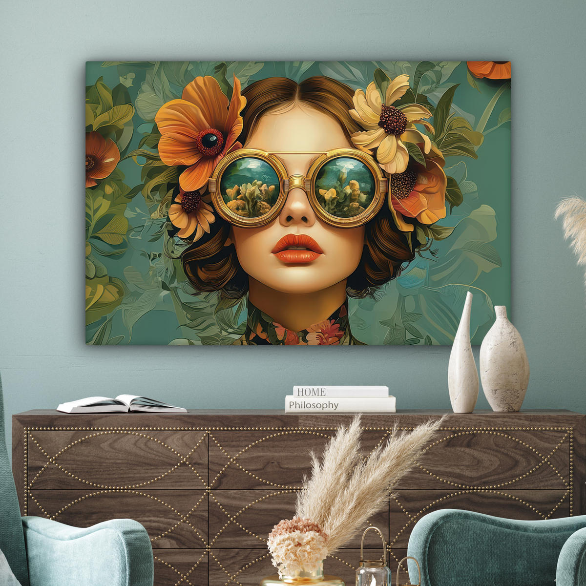LEINWANDBILD Frau - Blumen - Schmetterlinge - Natur - Vintage Groß 140x90 cm - Salbeigrün, Textil (140/90cm) - MuchoWow