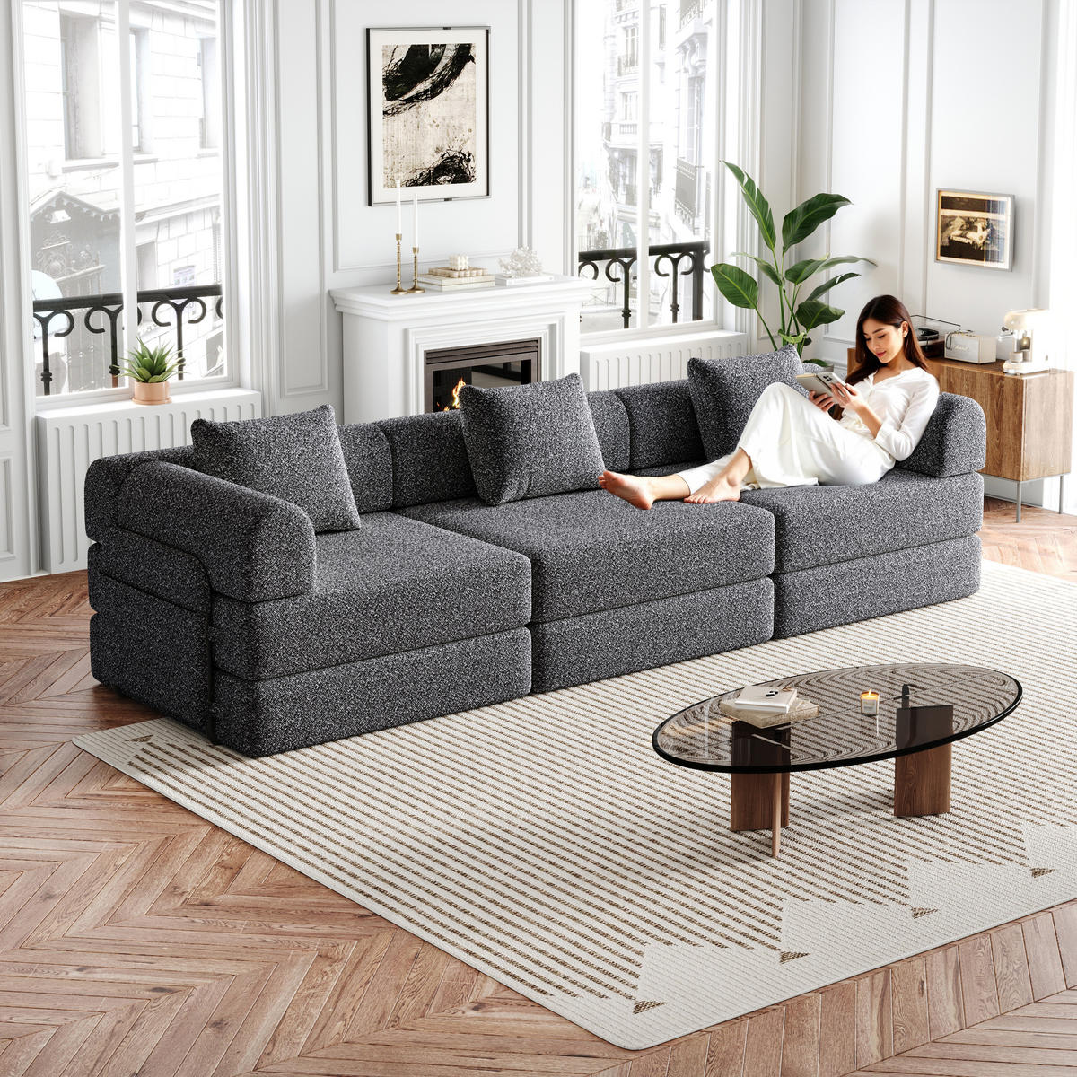 SCHLAFSOFA Chenille 2-in-1 mit Armlehnen-Ablagefach Grau - Grau, Textil (274/69.8/91.4cm) - OKWISH