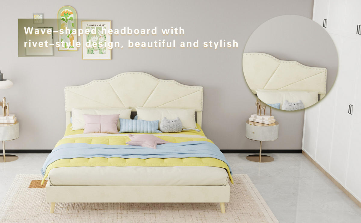 POLSTERBETT 160/200 cm mit Matratze, geometrischem Kopfteil und Lattenrost, Beige - Beige, Textil (160/200cm) - Redom