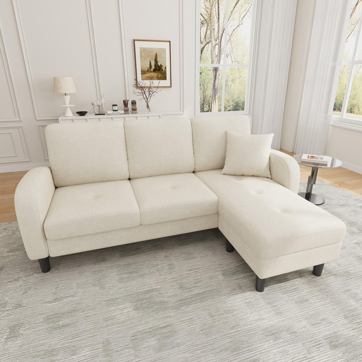 ECKSOFA Baumwoll-Leinenbezug mit modularer Chaiselongue Hellbeige 166/118/77 cm - Beige/Weiß, Textil (166/118cm) - Redom
