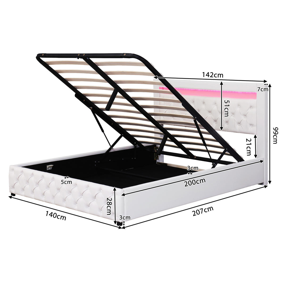POLSTERBETT 140/200 cm weiß mit Stauraum und LED-Beleuchtung - Weiß, Kunststoff (140/200cm) - OKWISH