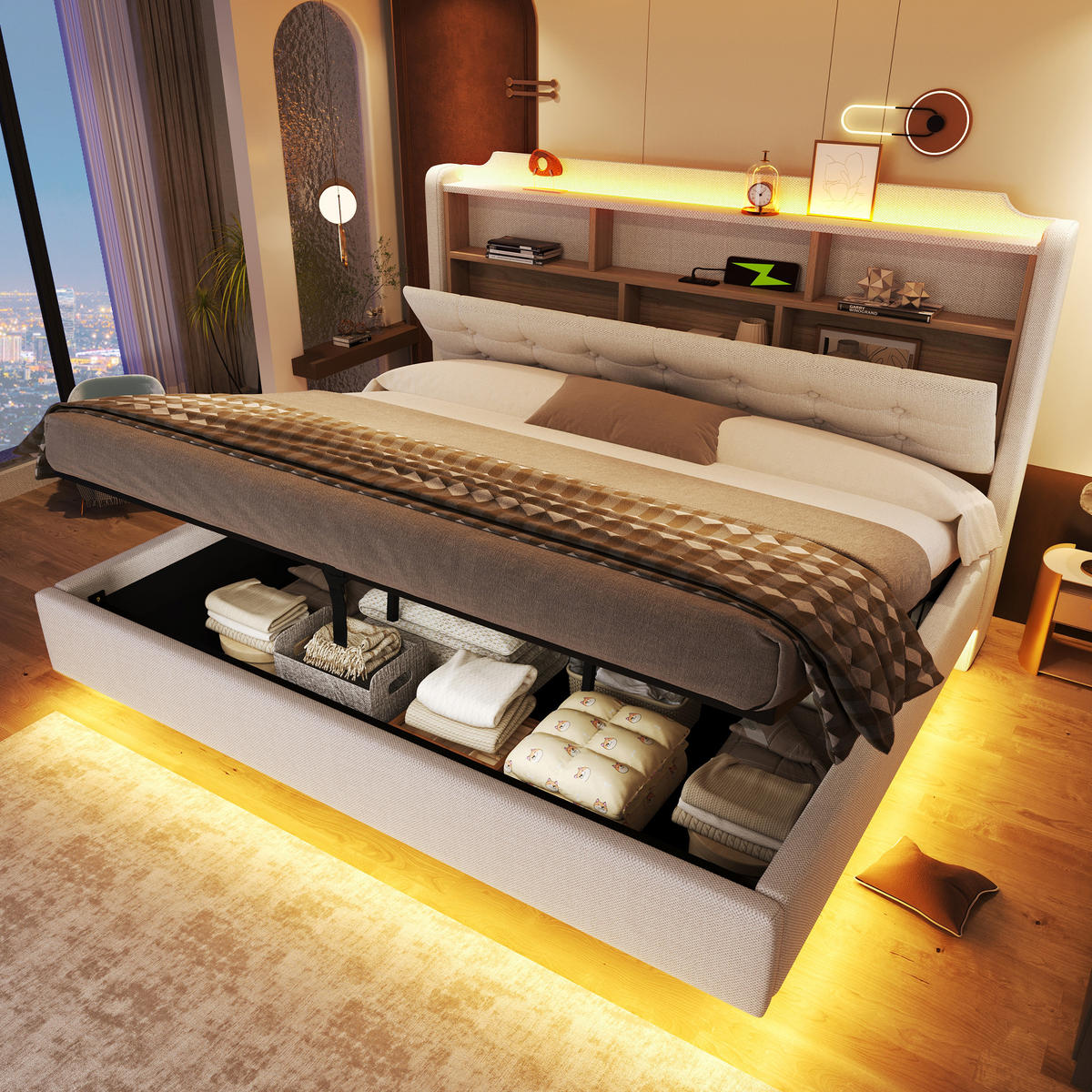 POLSTERBETT 180/200 cm in Beige mit LED, USB, Type-C und Stauraum aus Leinen und MDF - Beige, Holzwerkstoff/Textil (180/200cm) - STILVORA