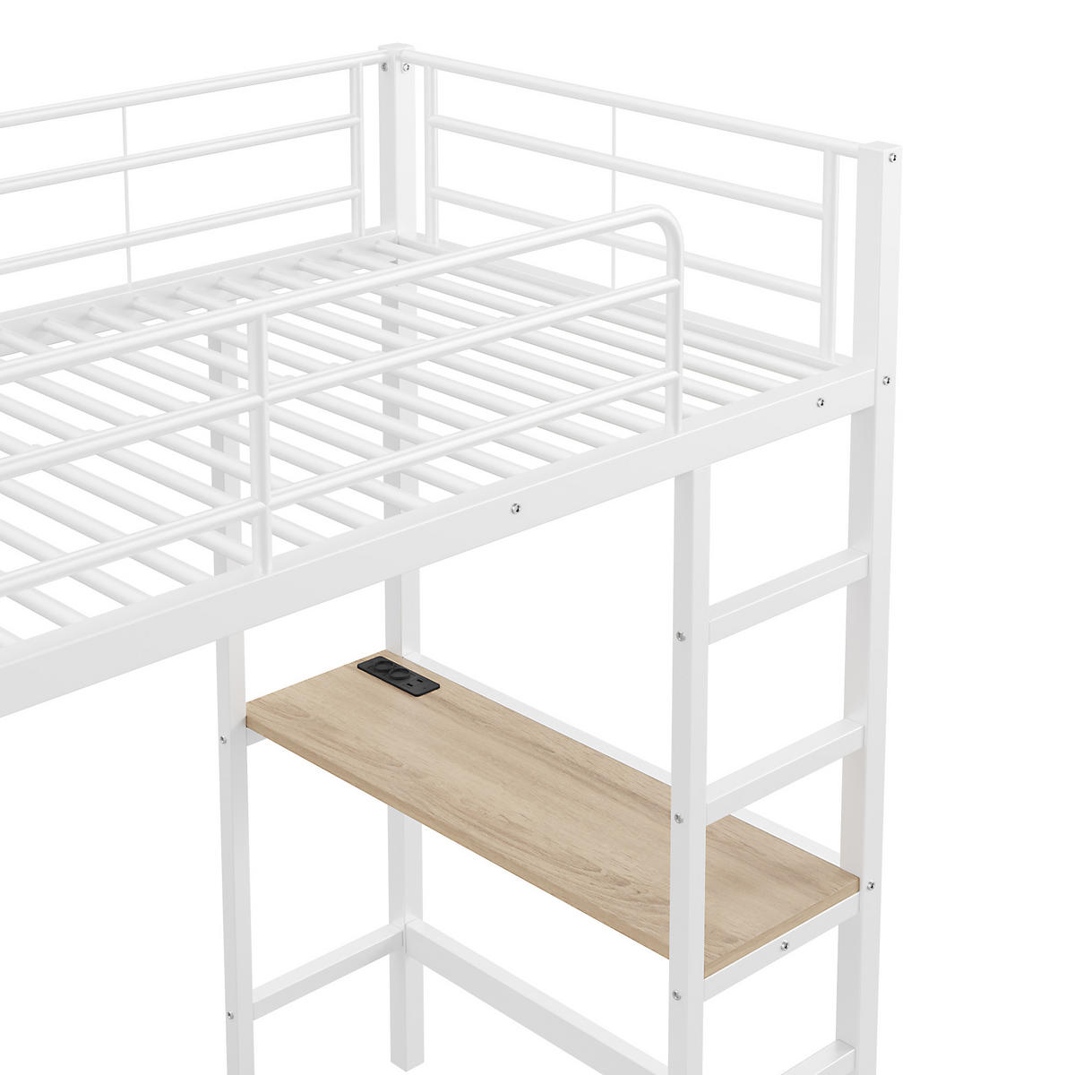 HOCHBETT aus Metall 90x200 cm in Weiß mit Schreibtisch, Steckdose & USB - Weiß, Metall (90/200cm) - Modfu