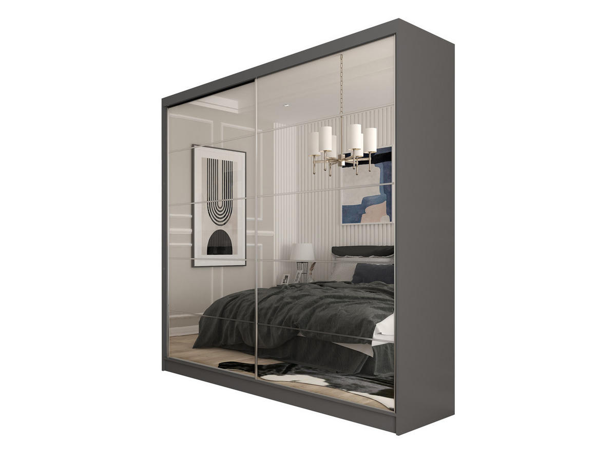 SCHWEBETÜRENSCHRANK FIORELLA 200/216/61 cm 2-türig mit Spiegel Grau - Grau, Holzwerkstoff (200/216/61cm) - MASSENO