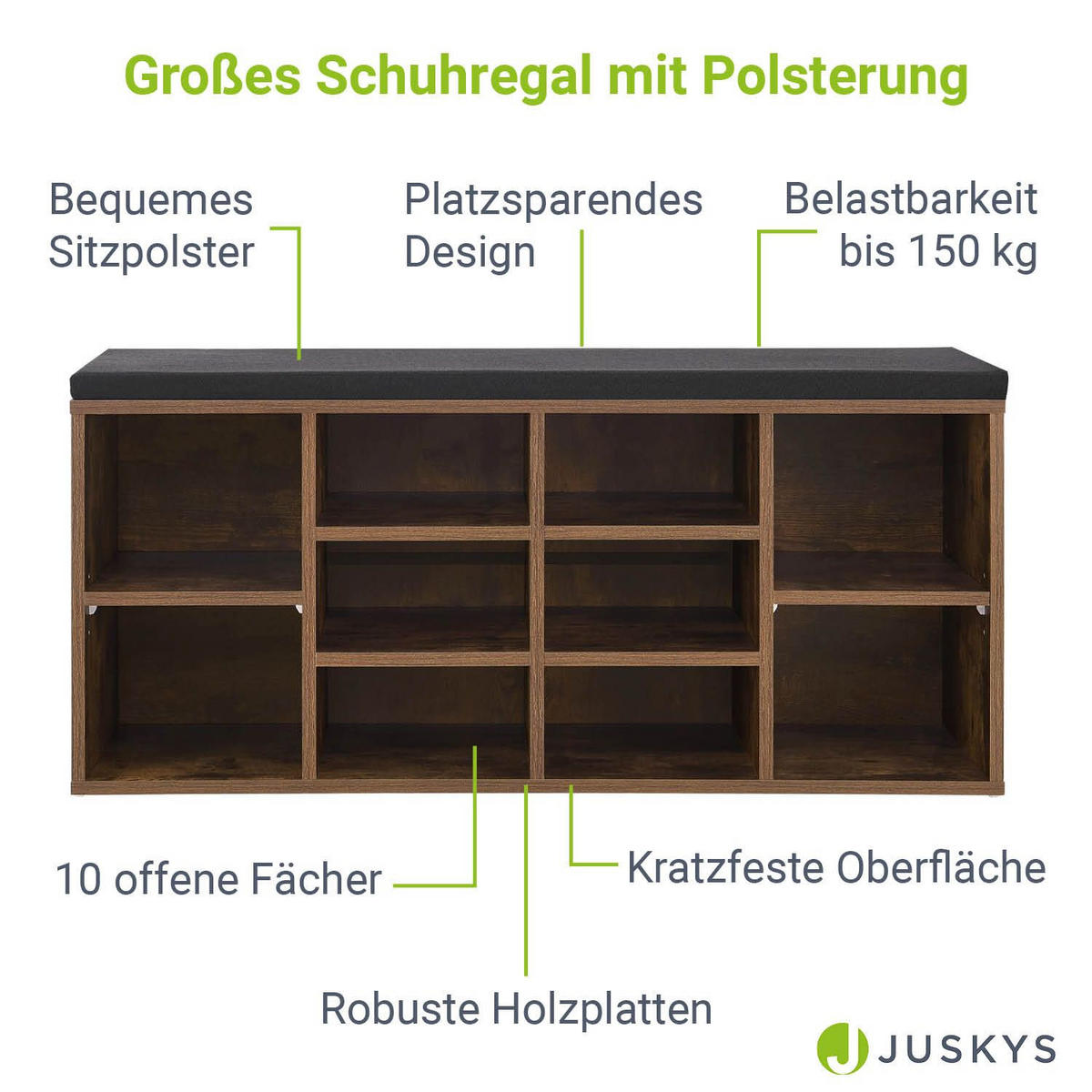 SCHUHREGAL mit Polsterung & 10 Fächern Antikbraun 104 x 30 x 48 cm - Braun, Holz (30/48/104cm) - Juskys