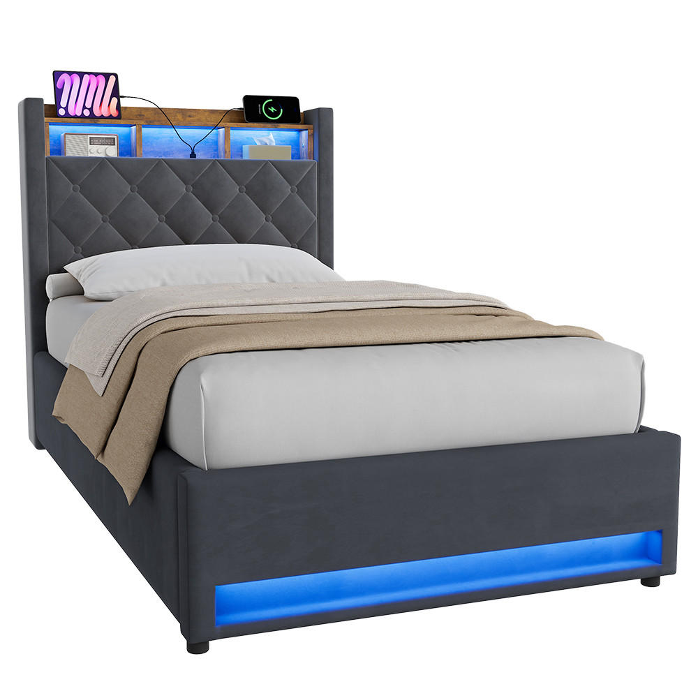 WISHDOR ČALOUNĚNÁ POSTEL 90/200 cm v šedém sametu, s úložným prostorem, USB, LED, bez matrace