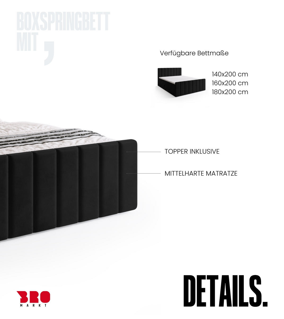 BOXSPRINGBETT Denver DUO mit Topper 140x200 Schwarz - Schwarz, Textil (140/200cm) - Bromarkt