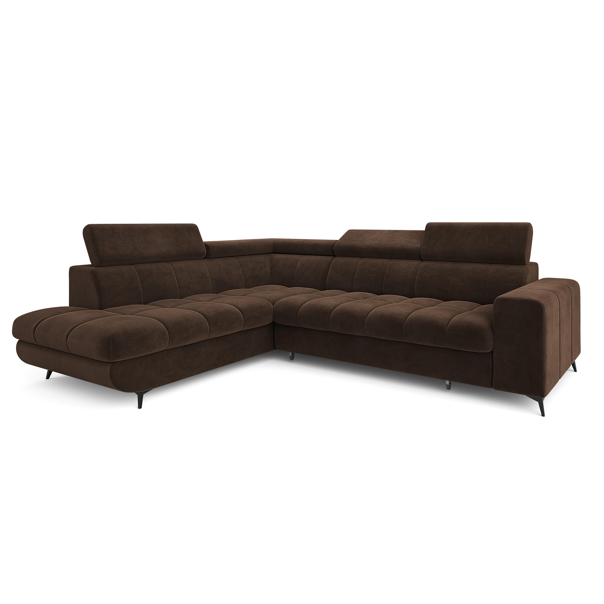 ECKSOFA MORIVA L-S Braun Velours-Stoff mit Schlaffunktion - Braun, Holz (253/190cm) - MASSENO