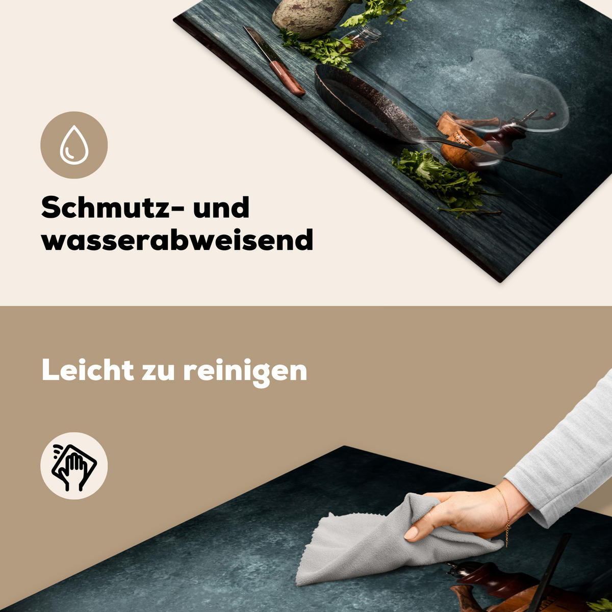 HERDABDECKPLATTE Kräuter - Gewürze - Pfanne - Messer - Grau - Rustikal 81x52 cm - Petrol, Kunststoff (81.2/0.2/52cm) - MuchoWow