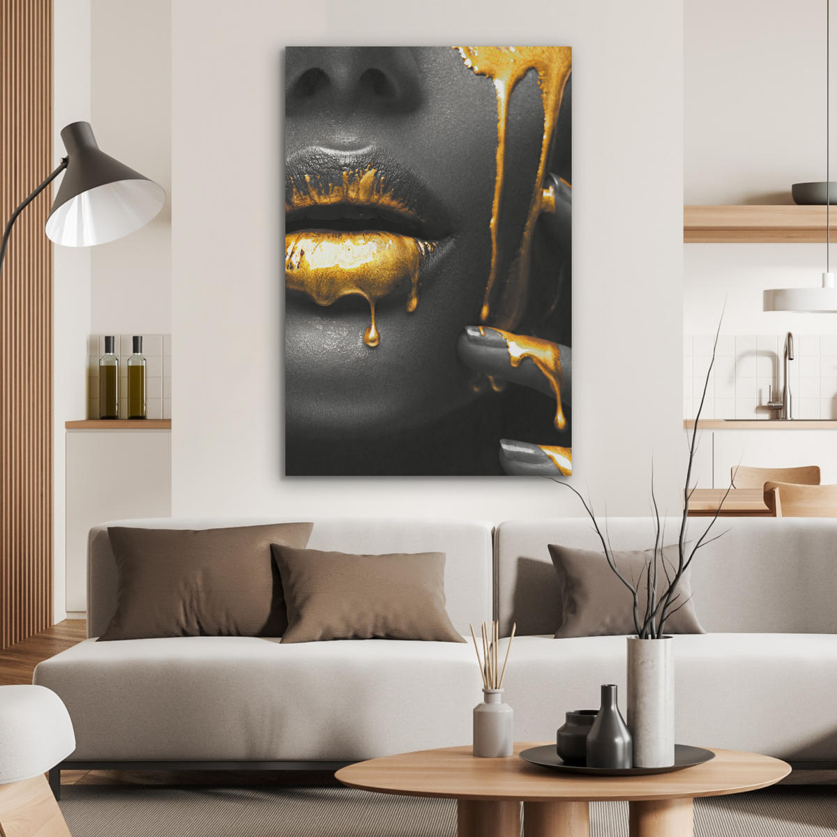 AKUSTIKBILD Frau - Schwarz - Gold - Gesicht - Lippen Wanddeko 60x90 cm - Goldfarben, Kunststoff (60/90/0.9cm) - MuchoWow