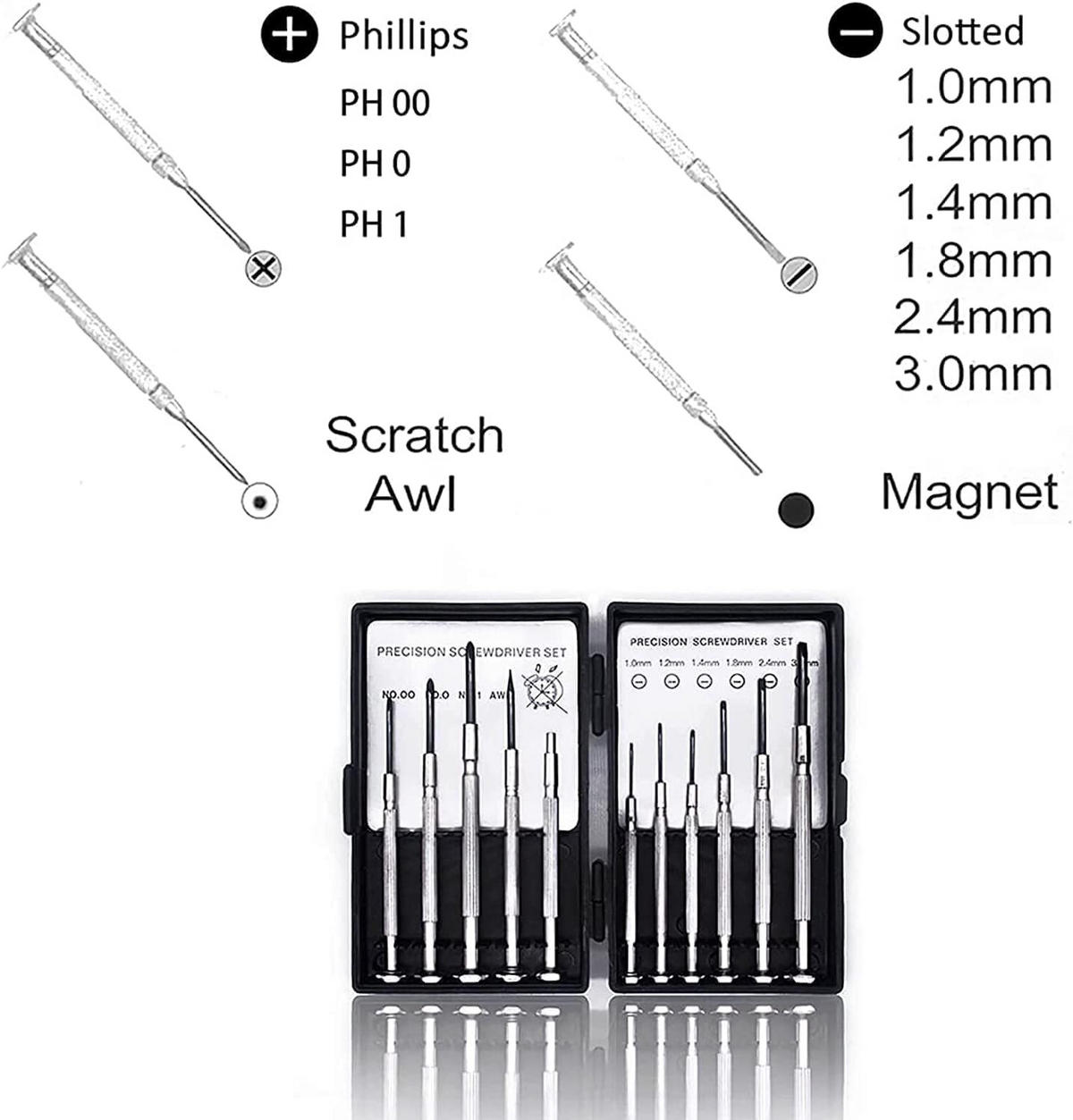 SCHRAUBENDREHER-SET – 11-teilig – zur Reparatur von Brillen und Uhren - Silberfarben, Metall (11.7/7/1cm) - DCA