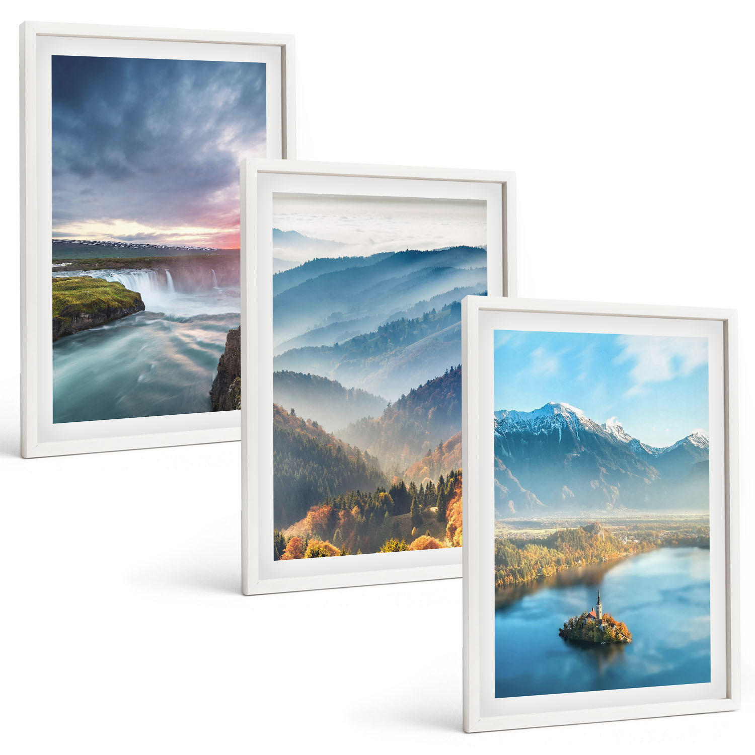 BILDER SET 3er Set - 40x60 cm Weißer Rahmen - Berglandschaften, Wasserfälle - Weiß, Kunststoff (40/60cm) - TULUP