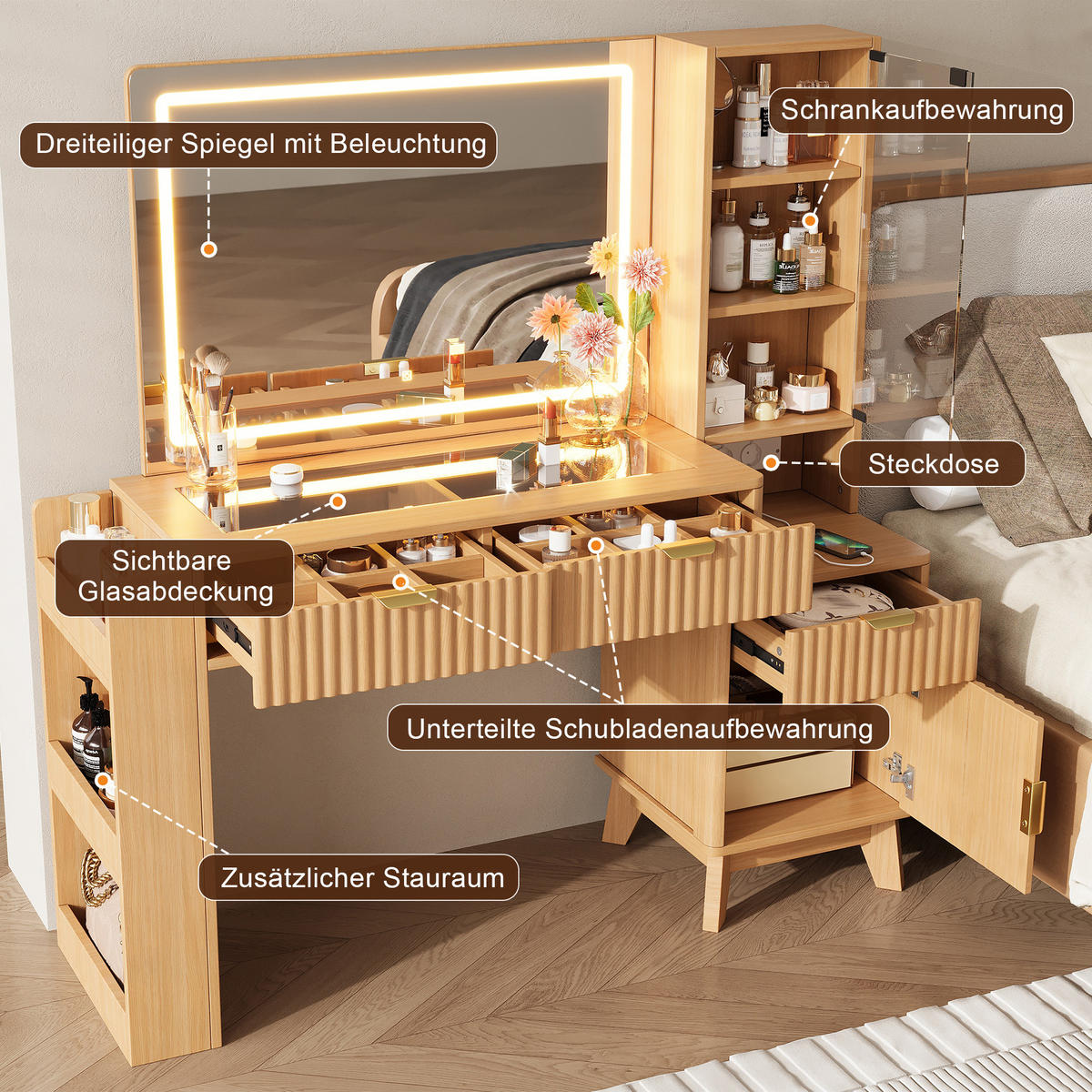 SCHMINKTISCH LED Spiegel USB Schubladen Weiß Modern - Naturfarben, Holzwerkstoff (133/136/40cm) - FLIEKS