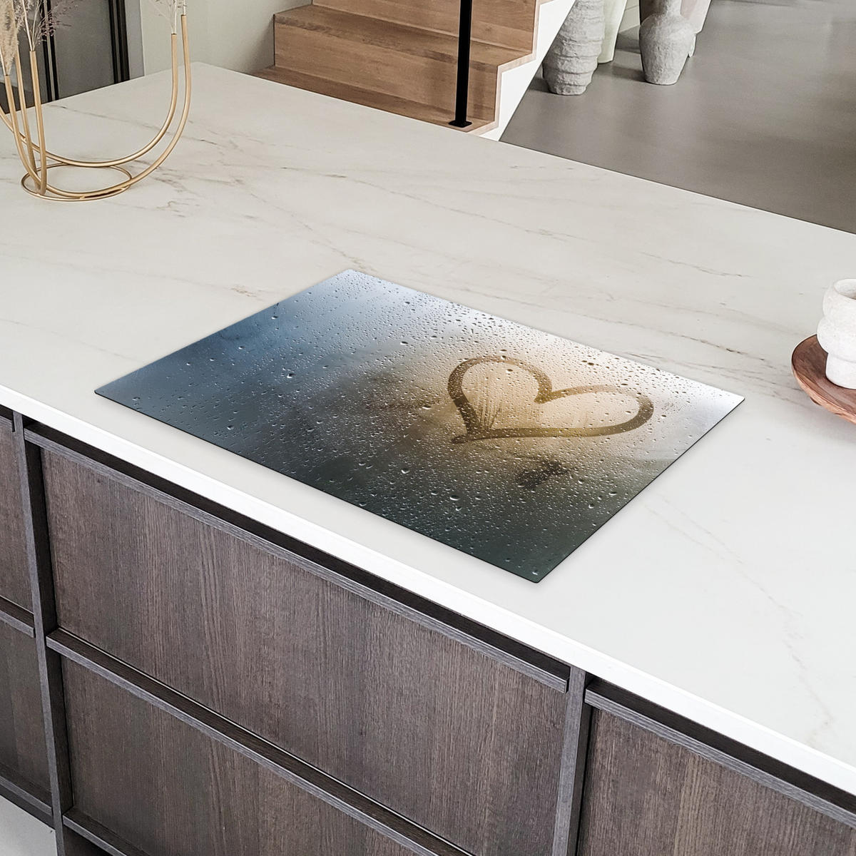 HERDABDECKPLATTE Herz - Kondenswasser - Wasser - 3D Ceranfeldabdeckung 78x52 cm - Grau, Kunststoff (78/52/0.2cm) - MuchoWow