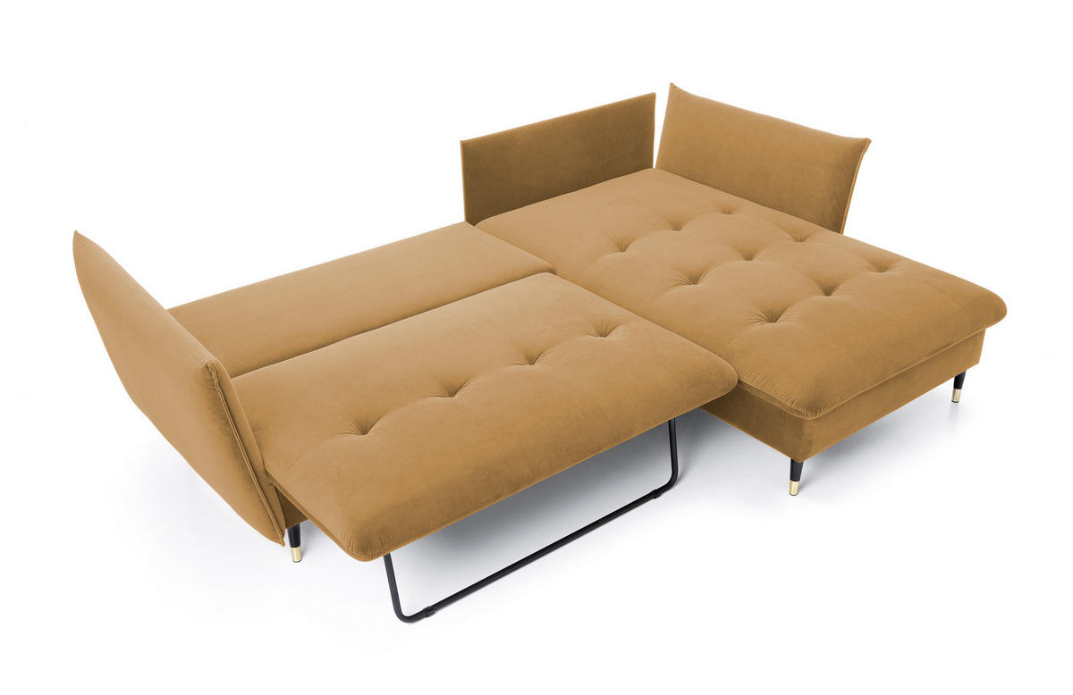 ECKSOFA GLAM mit Schlaffunktion, Ottomane & goldenen Füßen – Samtsofa im Glamour-Stil mit Zierkissen, 258x167x91 cm, rechte, platin​ - Platinfarben, Holz/Textil (258/167cm) - DomoHome
