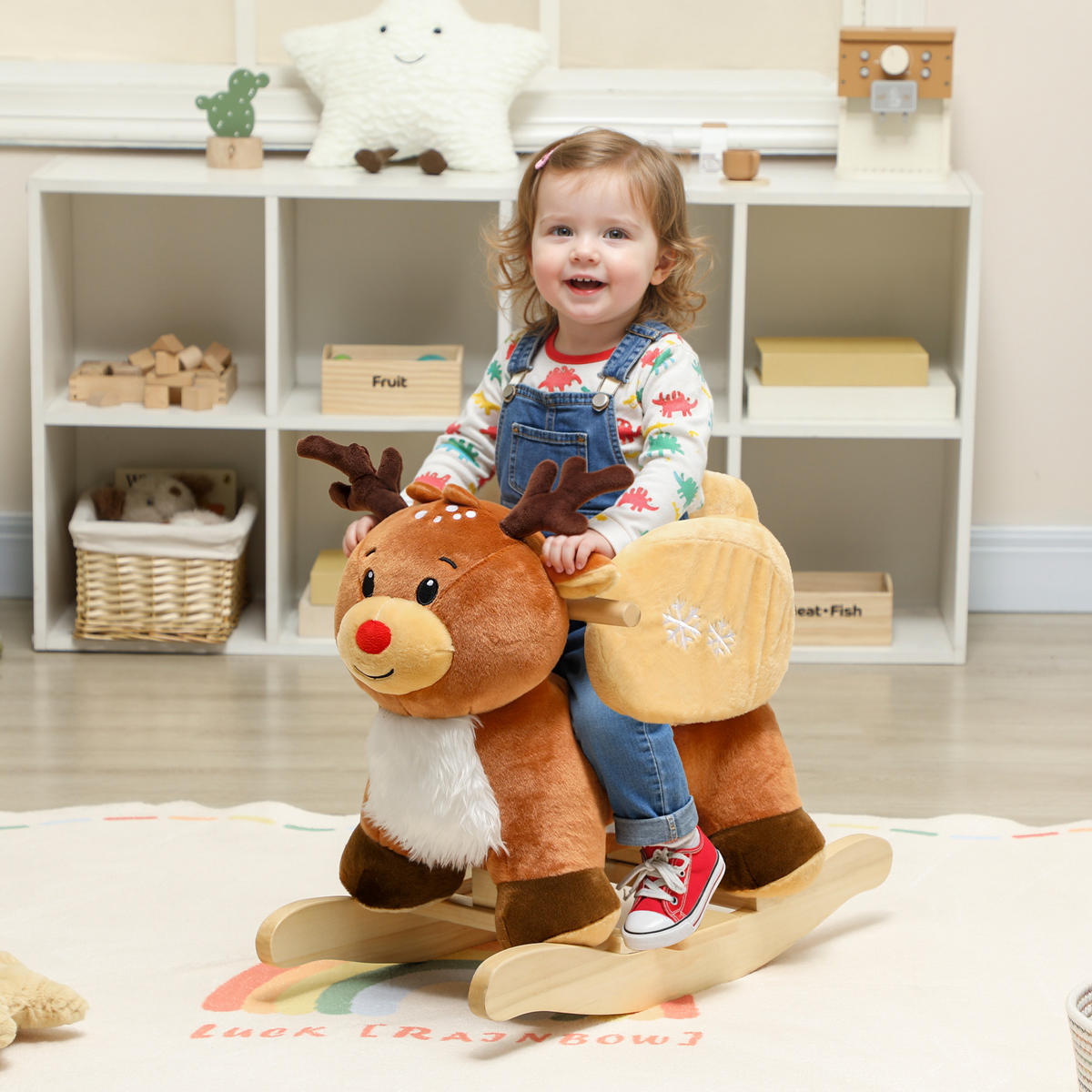 KINDER-SCHAUKELPFERD Rentier mit Schlafliedern Plüsch Braun - Braun, Textil (35/59/65cm) - AIYAPLAY