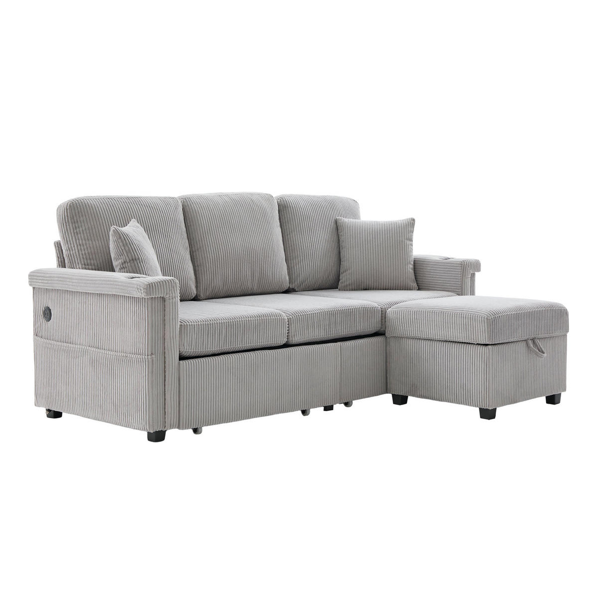 ECKSOFA 194/73/81 cm Hellgrau mit LED-Beleuchtung, Stauraum-Fußteil, 2 Schubladen, Getränkehaltern und Seitentaschen - Hellgrau, Textil (194/73cm) - Oxeza