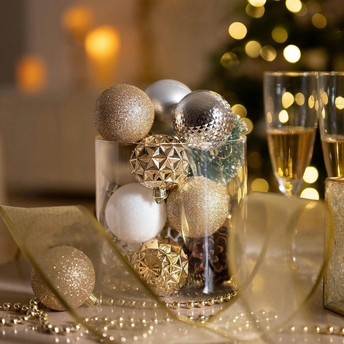 WEIHNACHTSKUGELN 50er Set Kunststoff Weiß Gold 5 cm - Multicolor, Kunststoff (6/6/6cm)