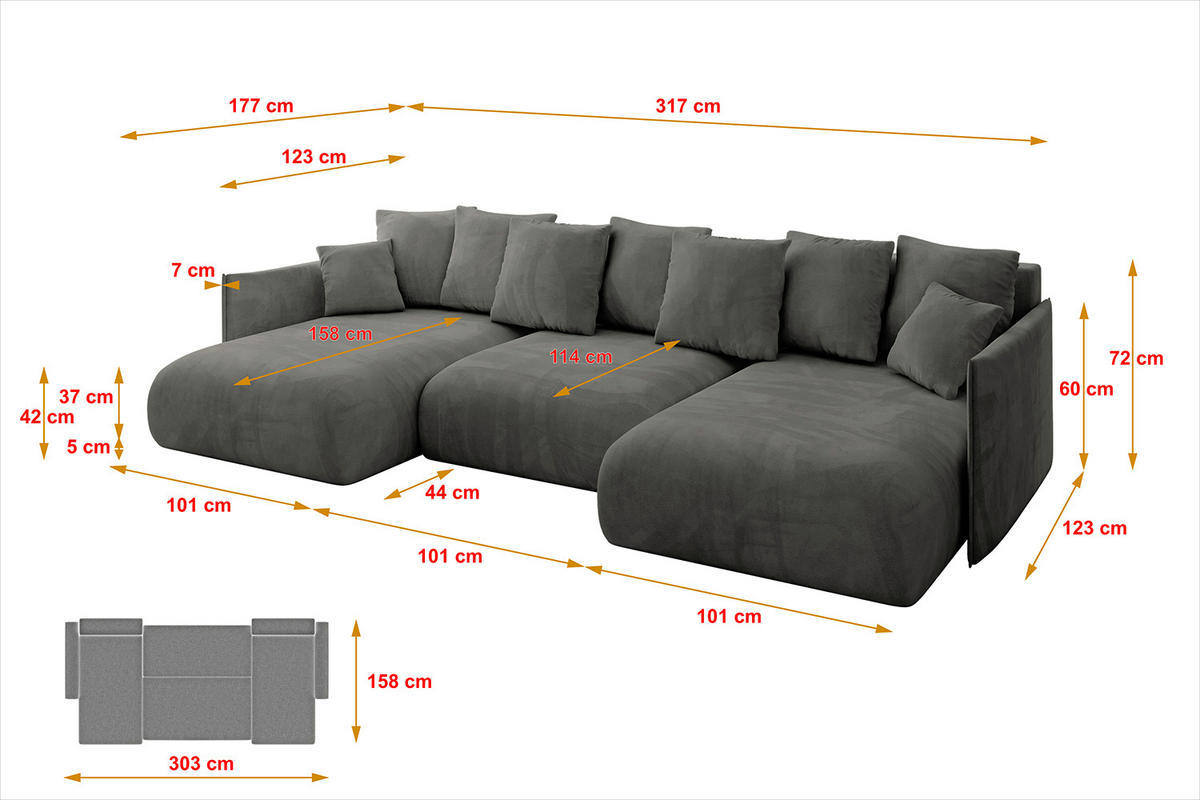 WOHNLANDSCHAFT mit Schlaffunktion und Bettkasten ONESK-U 317x177x72 Dunkelgrau Velours - Anthrazit, Holzwerkstoff/Kunststoff (317/72/177cm) - ALTDECOR