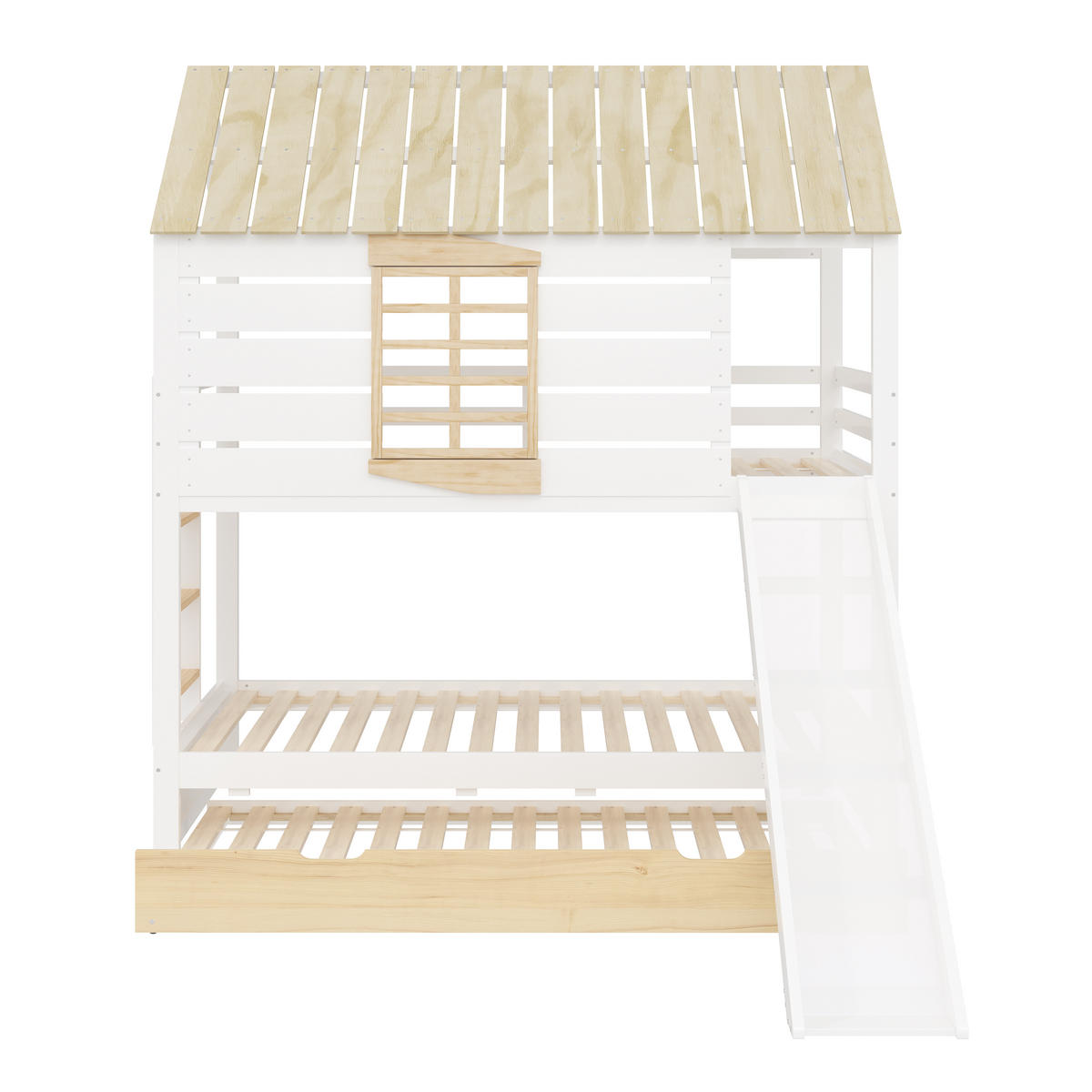 ETAGENBETT 90/200 cm Weiß aus Kiefer mit Rutsche und Ausziehbett - Weiß, Holzwerkstoff (90/200cm) - OKWISH