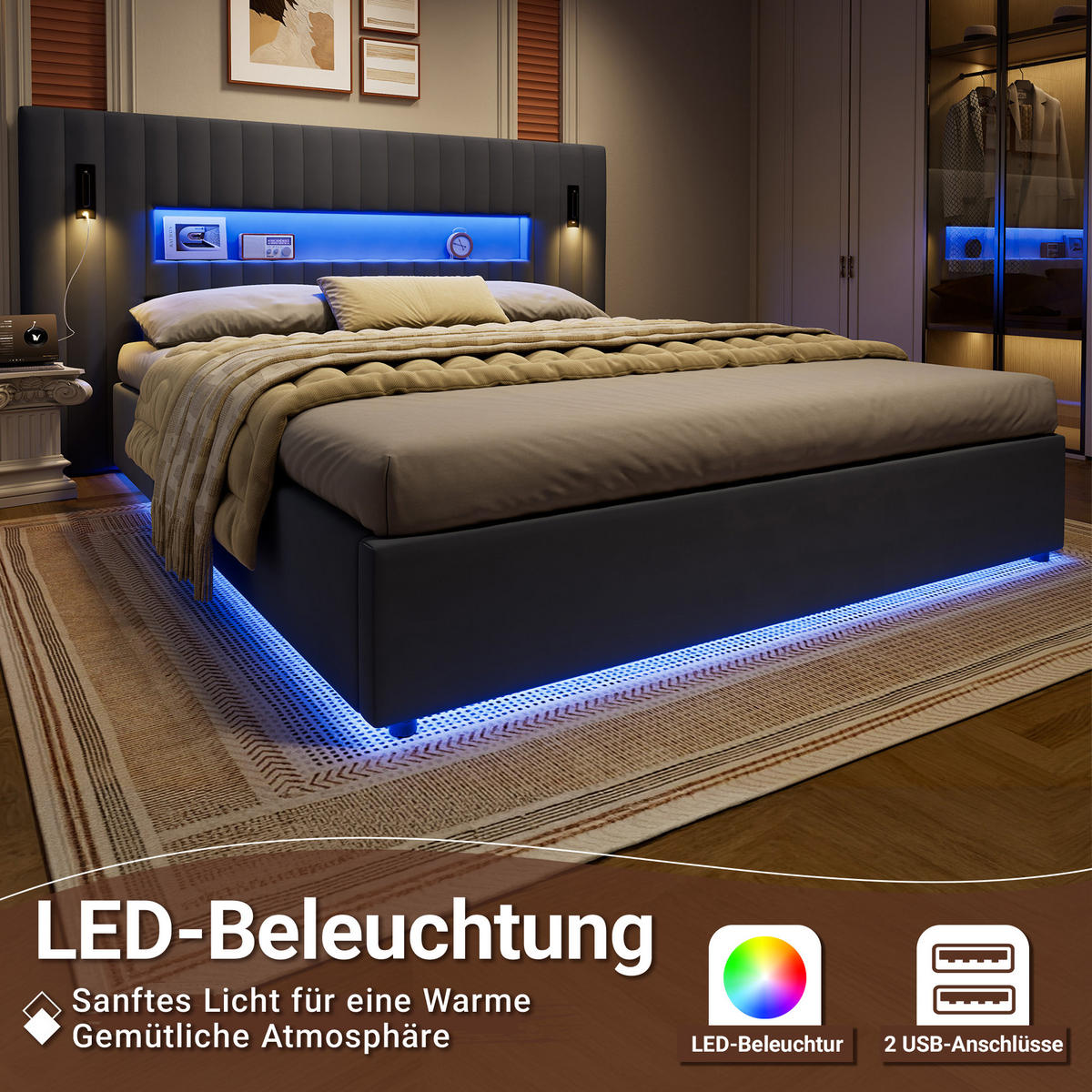 POLSTERBETT 233/200/110 cm aus Samt mit hydraulischem Stauraum, LED & USB‑Anschlüssen, Dunkelgrau - Dunkelgrau, Textil (180/200cm) - OKMYHOME
