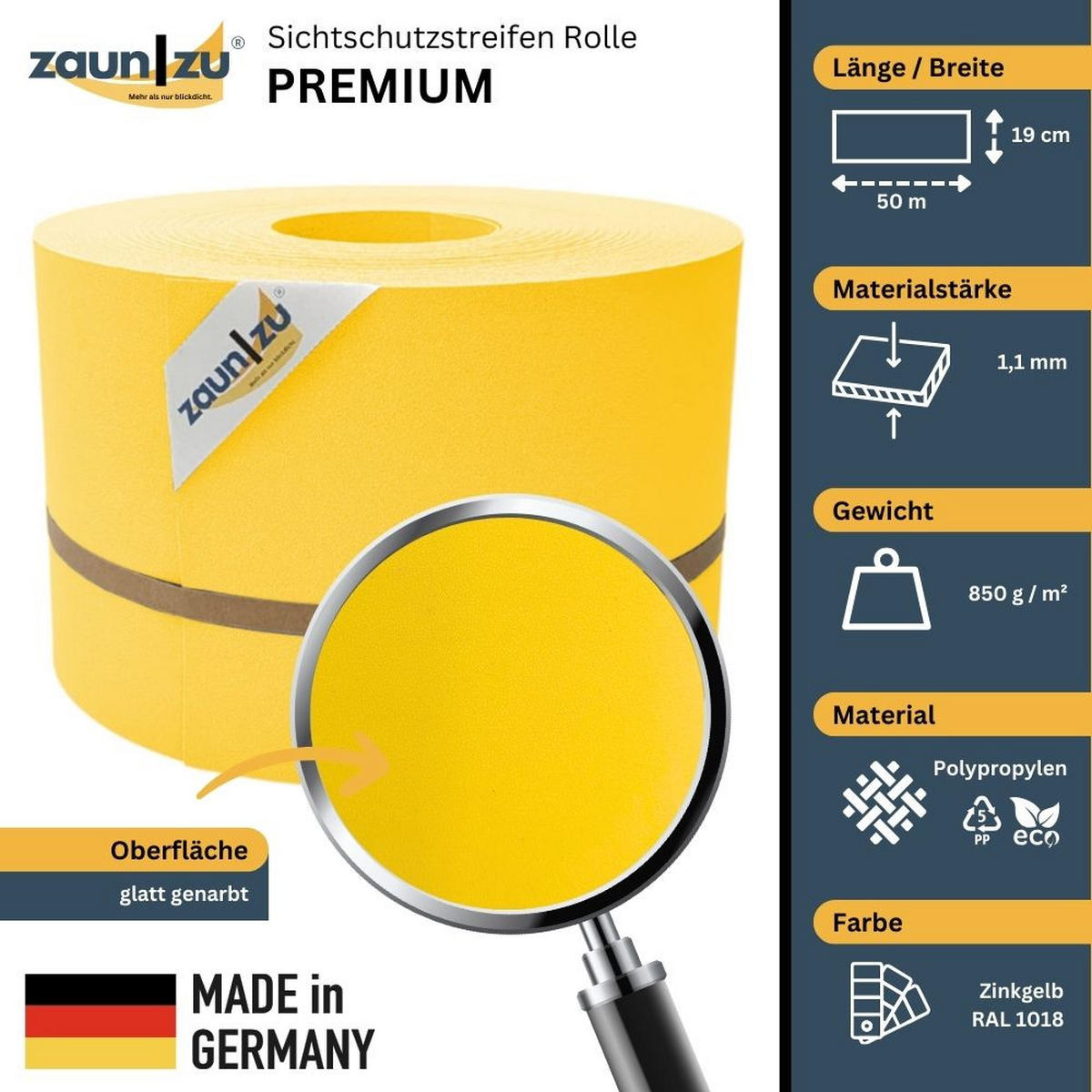 SICHTSCHUTZSTREIFEN Premium für Doppelstabmatten Zaunblende Gelb, 50m - Gelb, Kunststoff (5000/19cm) - ZAUN|ZU