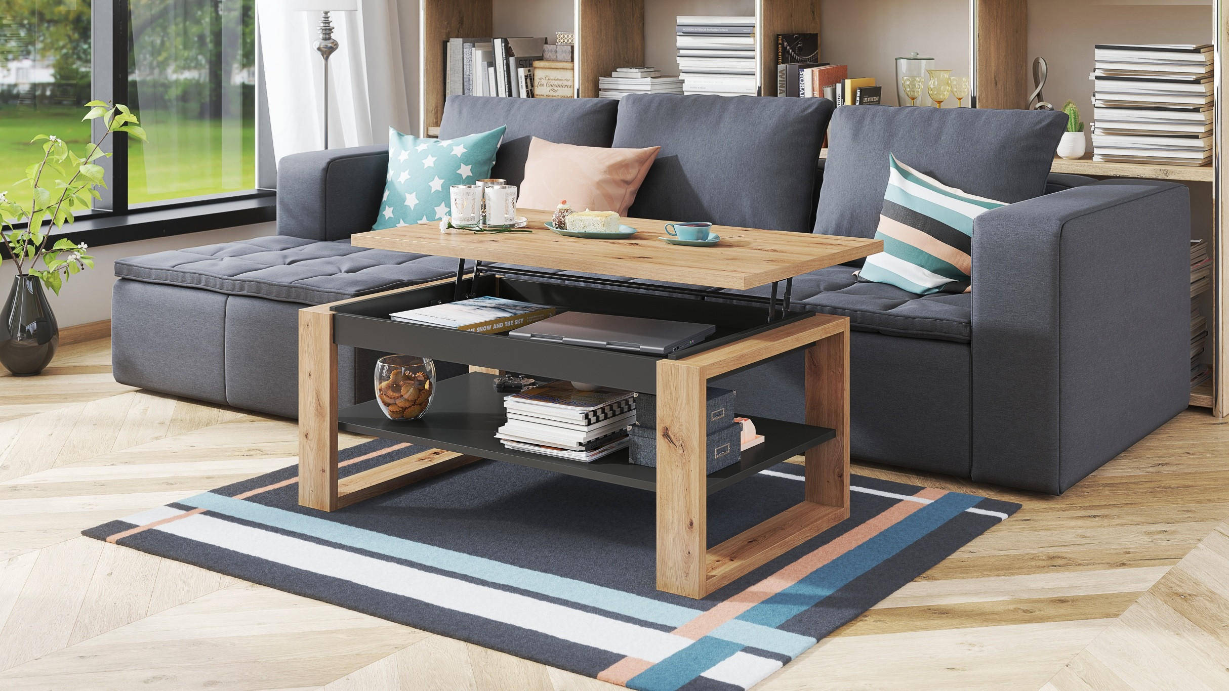 Thumbnail - designimpex Couchtisch, Anthrazit, Eiche Artisan, Holzwerkstoff, 110x50x65 cm, Wohnzimmer, Wohnzimmertische, Couchtische