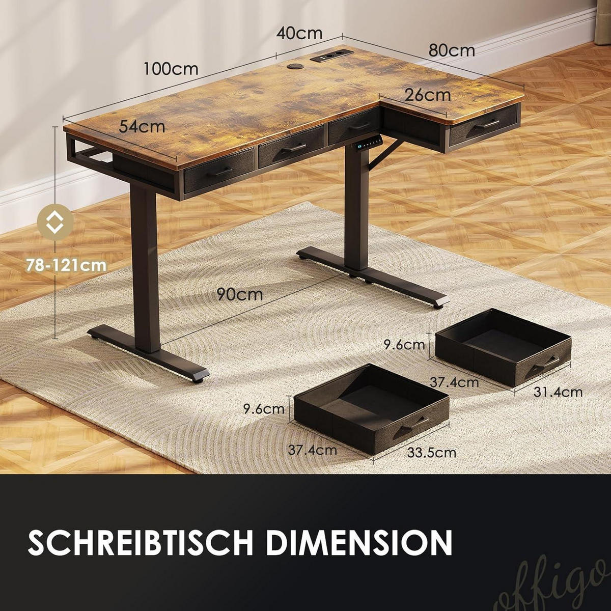 ECKSCHREIBTISCH höhenverstellbar 140 x 80 cm Vintage Braun mit Steckdose und 4 Schubladen - Braun, Holzwerkstoff (80/140/72cm)