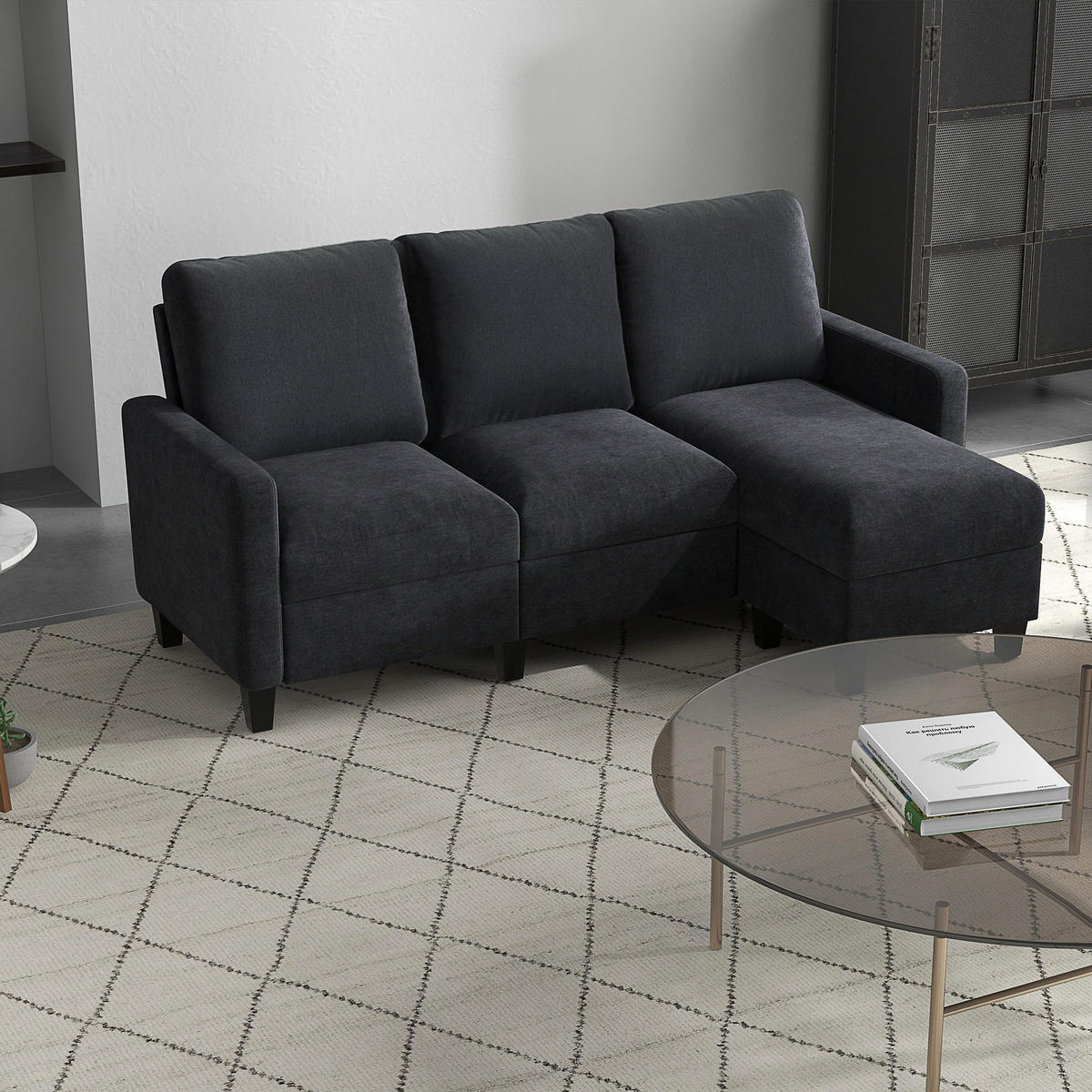ECKSOFA L-Form Couchgarnitur mit wendbarer Chaiselongue Dunkelgrau - Dunkelgrau/Schwarz, Kunststoff/Textil (139/197cm) - HOMCOM