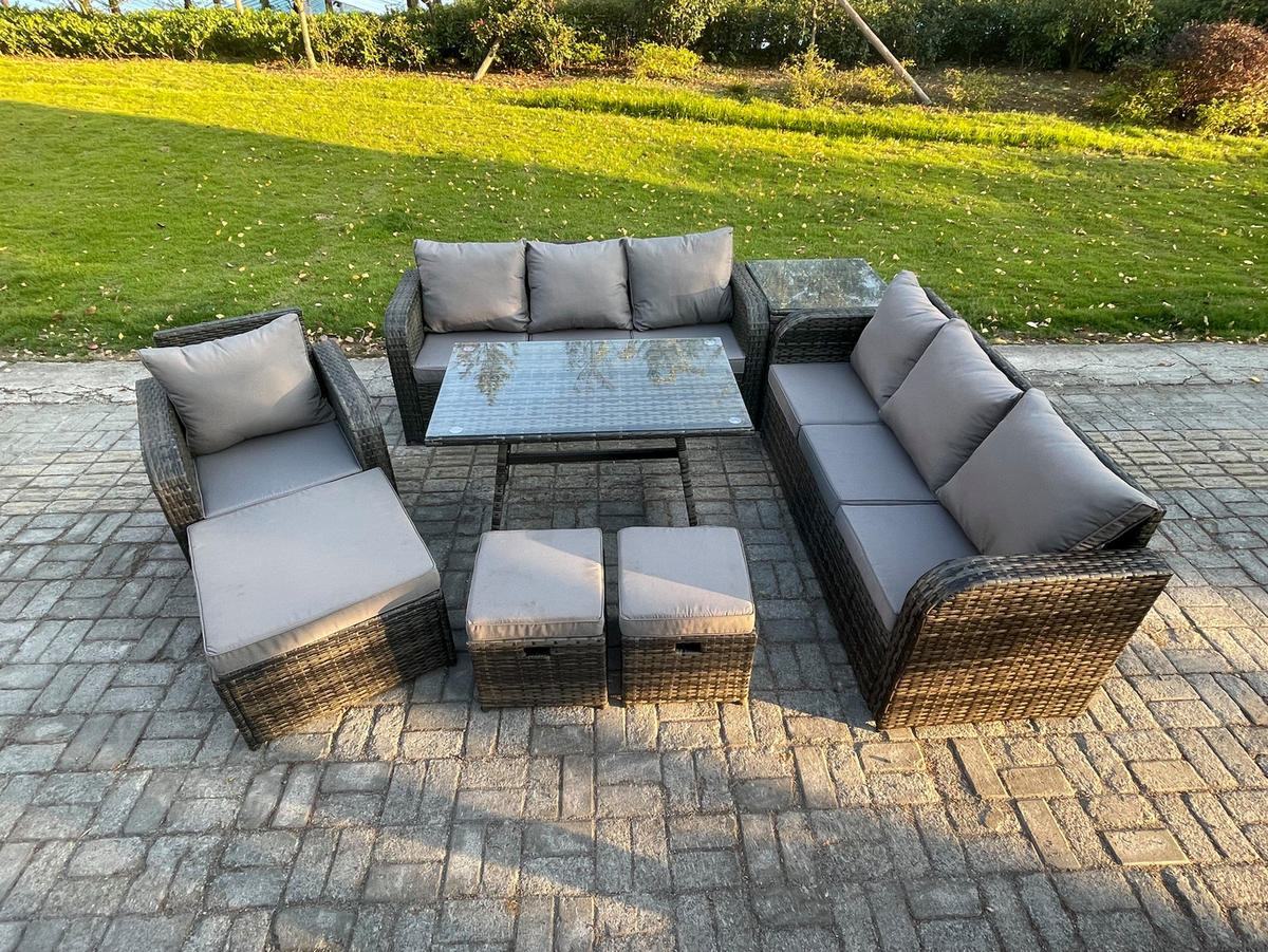 GARTENSET Hohe Rückenlehne Polyrattan 10-Sitzer - Dunkelgrau/Grau, Glas/Kunststoff - Fimous