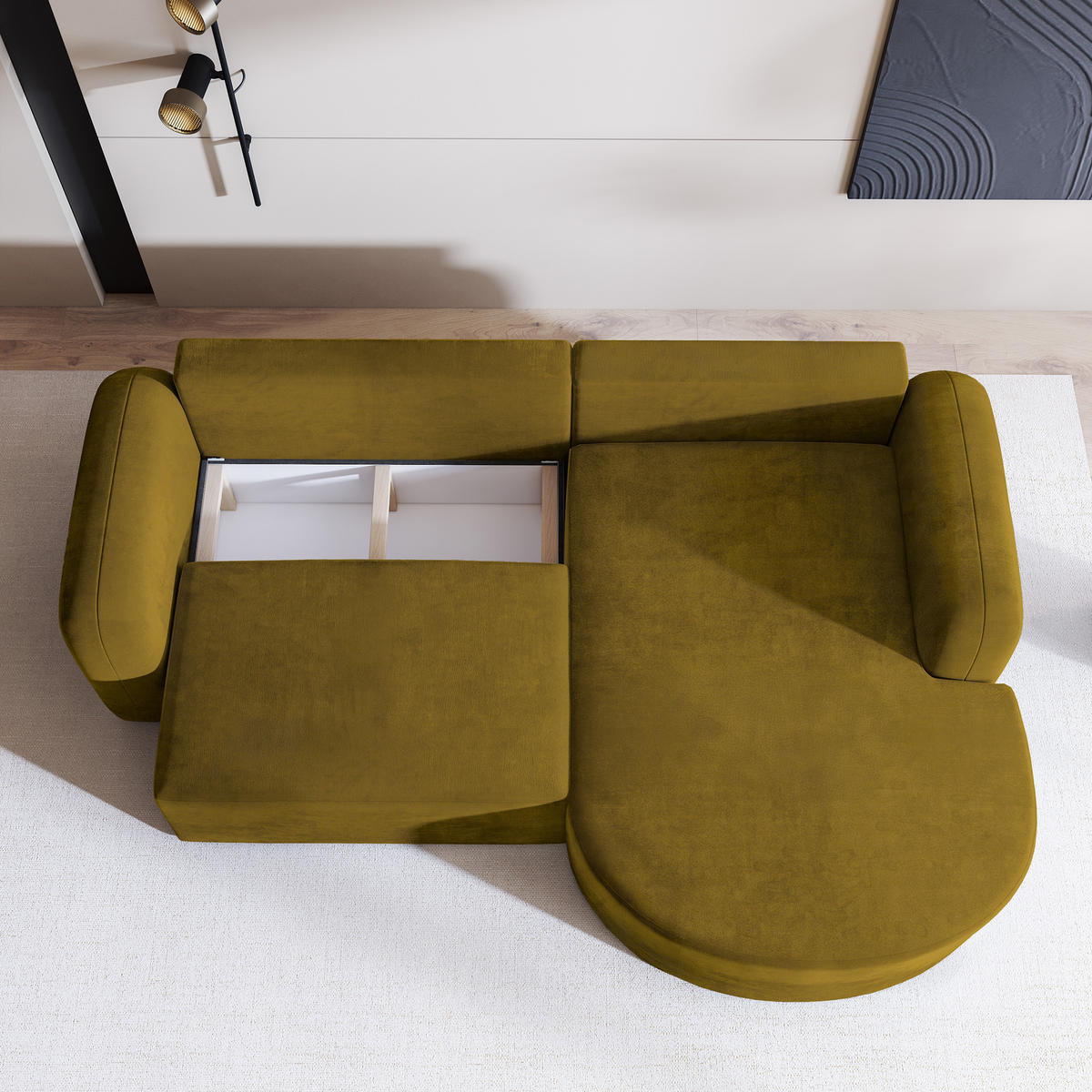 ECKSOFA AMILIA M R-S Gelb Velours-Stoff mit Schlaffunktion - Gelb, Holz (263/174cm) - MASSENO