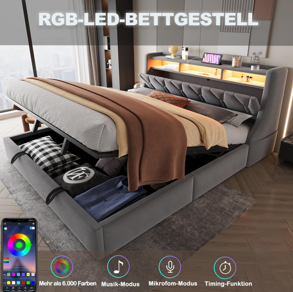 POLSTERBETT 180/200 cm Grau aus Samt mit Bettkasten, LED-Beleuchtung und USB - Grau, Textil (180/200cm) - Flora Grace