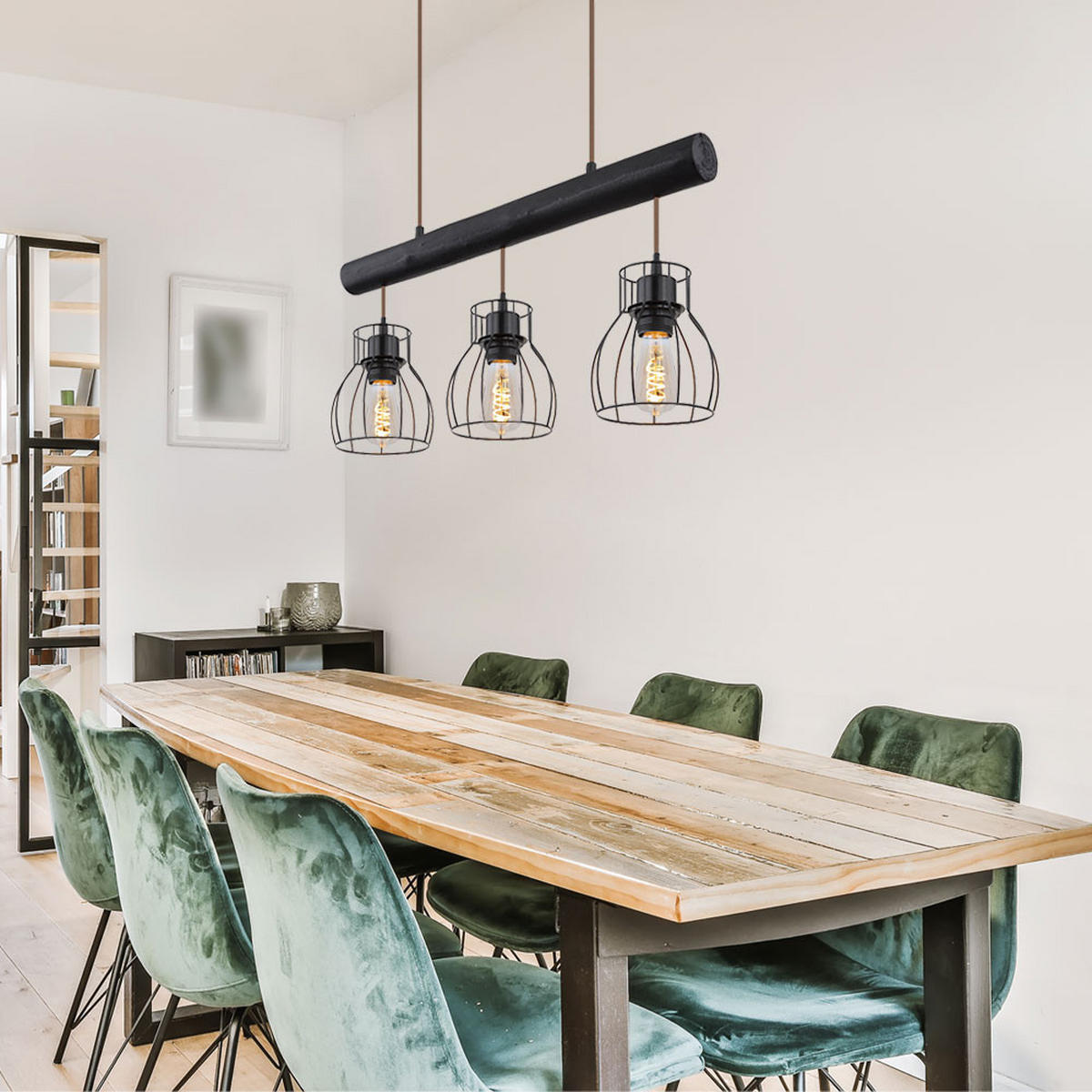 PENDELLAMPE Holz Schwarz Metallgitter - Schwarz, Holz (60/13.6/140cm) - Globo Lighting