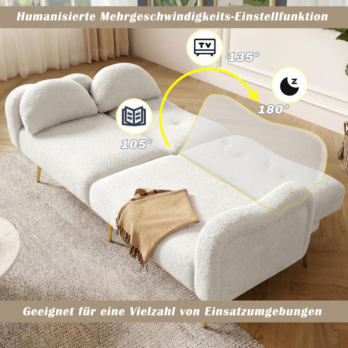 SOFABETT Zweisitzer Wollmischgewebe mit 3-fach verstellbarer Rückenlehne Weiß 175/79/82 cm - Weiß, Textil (79/82/175cm) - Redom