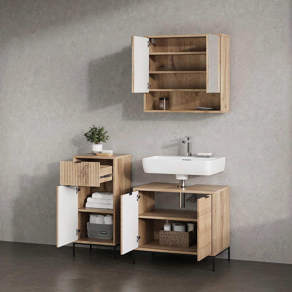 BADMÖBEL-SET ATERNO Viking Oak 3 Teile - Eiche Wotan, Holzwerkstoff (70/63/45cm) - Livinity®