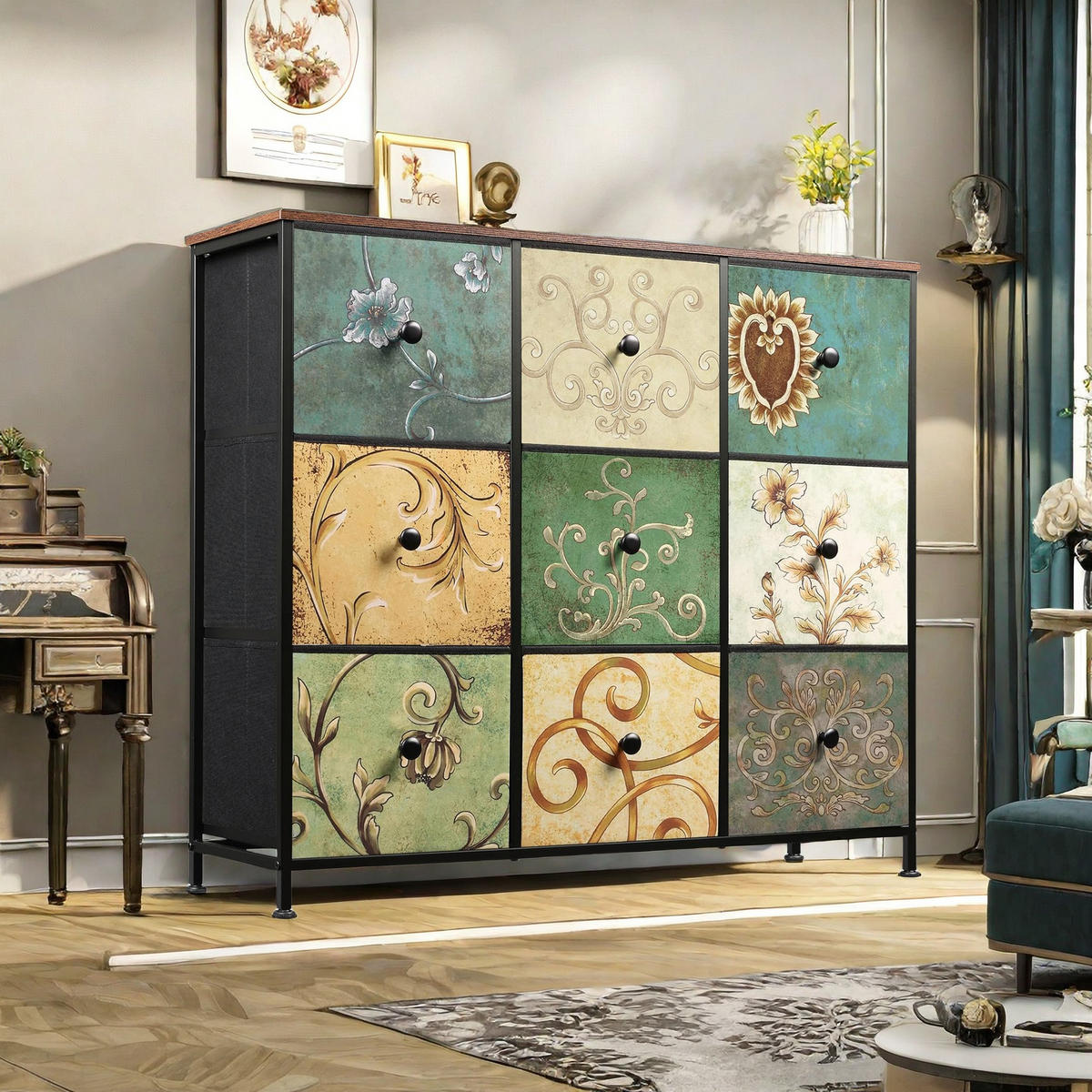 KOMMODE mit 9 Stoffschubladen, Sideboard für Küche, Büro & Flur - Multicolor, Holz (30/86.5/100cm)