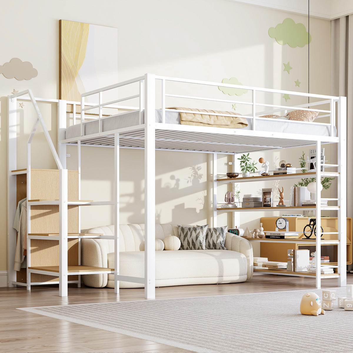 HOCHBETT 140/200 cm DE-01618, in Weiß, mit Sicherheitstreppe und Kleiderschrank - Weiß, Metall (140/200cm) - ComfortXL