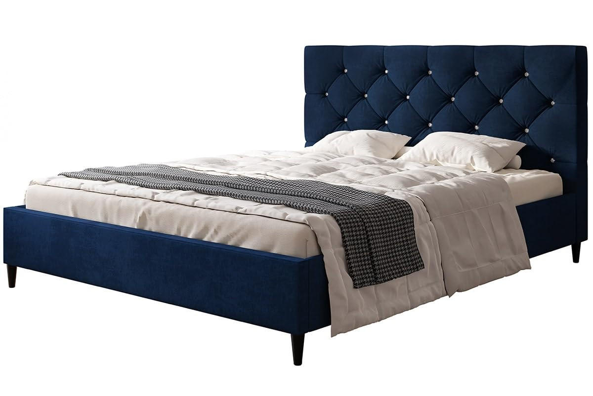 POLSTERBETT LUX Boston mit Kopfteil, 140 x 200 cm, Doppelbett mit Lattenrost aus Holz, Velourstoff Dunkelblau, Füße in Farbe: Schwarz - Dunkelblau, Holz/Textil (140/200cm) - Alpi-Möbel