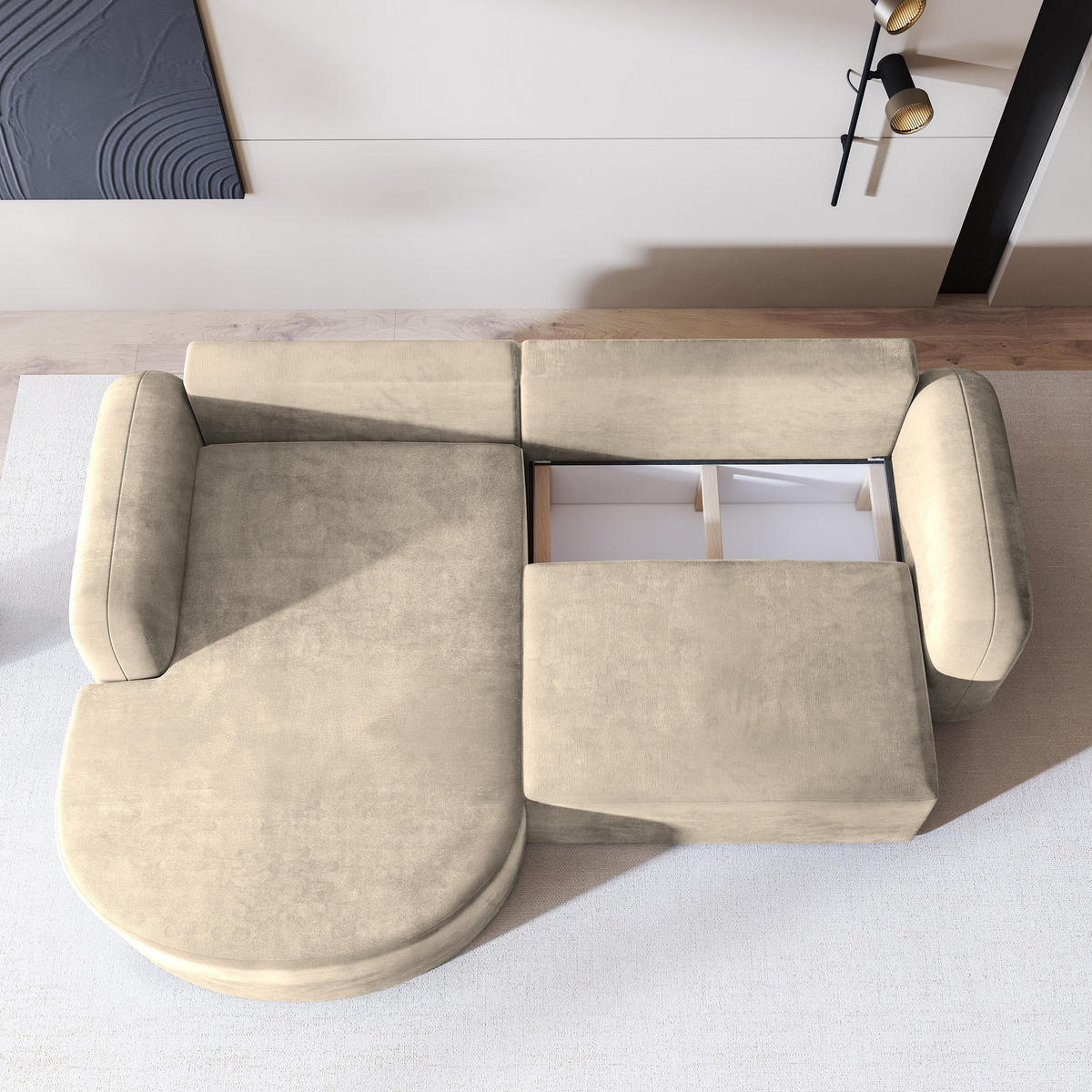 ECKSOFA AMILIA M L-S Creme Velours-Stoff mit Schlaffunktion - Creme, Holz (263/174cm) - MASSENO