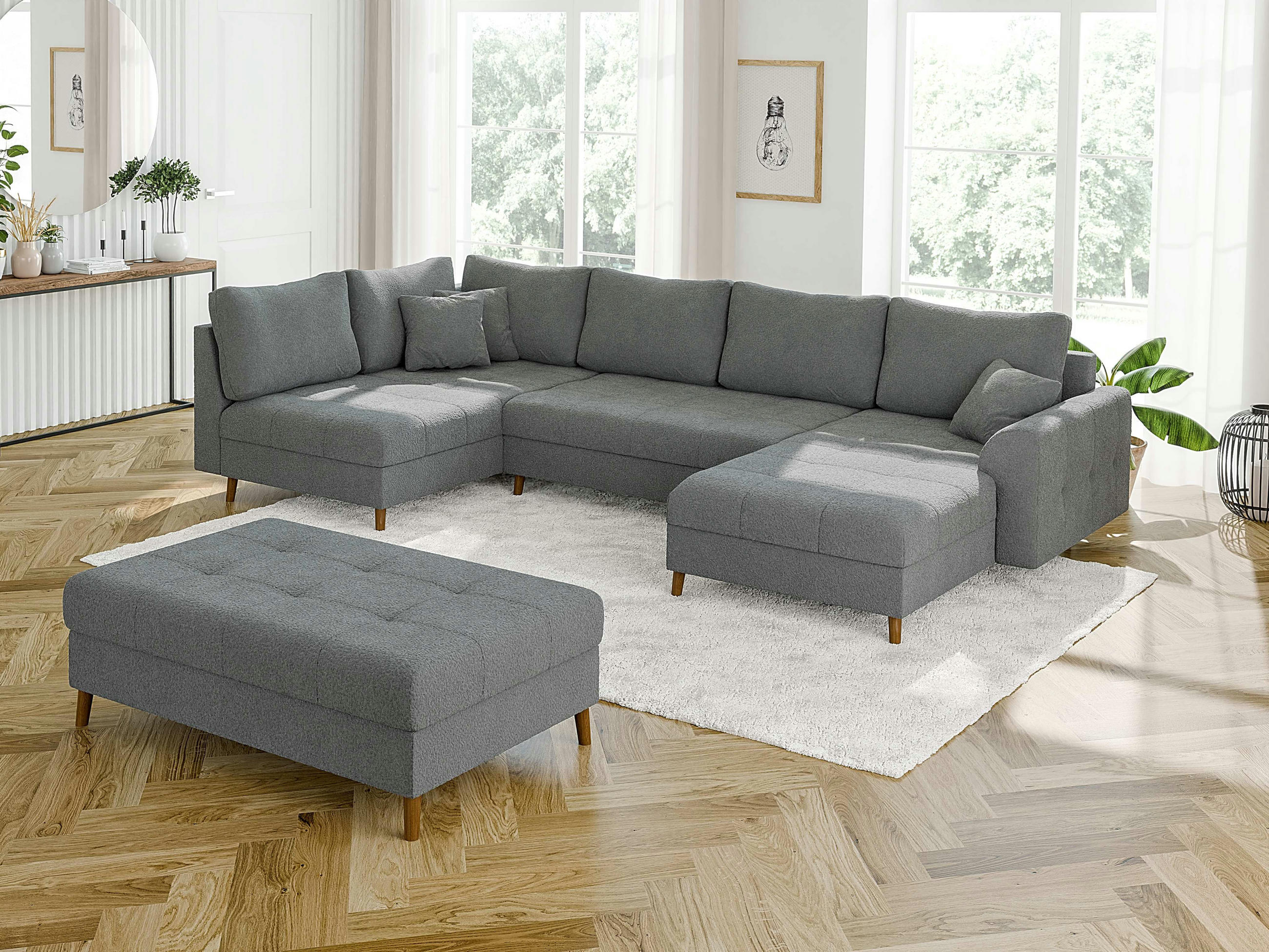 WOHNLANDSCHAFT inkl. Hocker Henrik Grau Boucle - Braun/Grau, Holz/Textil (310/81/161cm) - S-Style Möbel