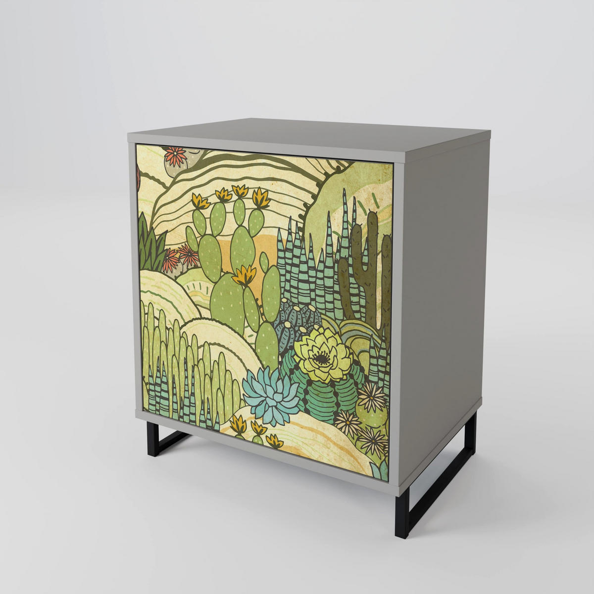 SIDEBOARD SUCCULENTS KALEIDOSCOPE, Grau, 57,5x42x75,5 cm, Goldfarbene Metallfüße - Goldfarben/Multicolor, Holzwerkstoff/Metall (57.5/75.5/42cm) - SpaceRebels