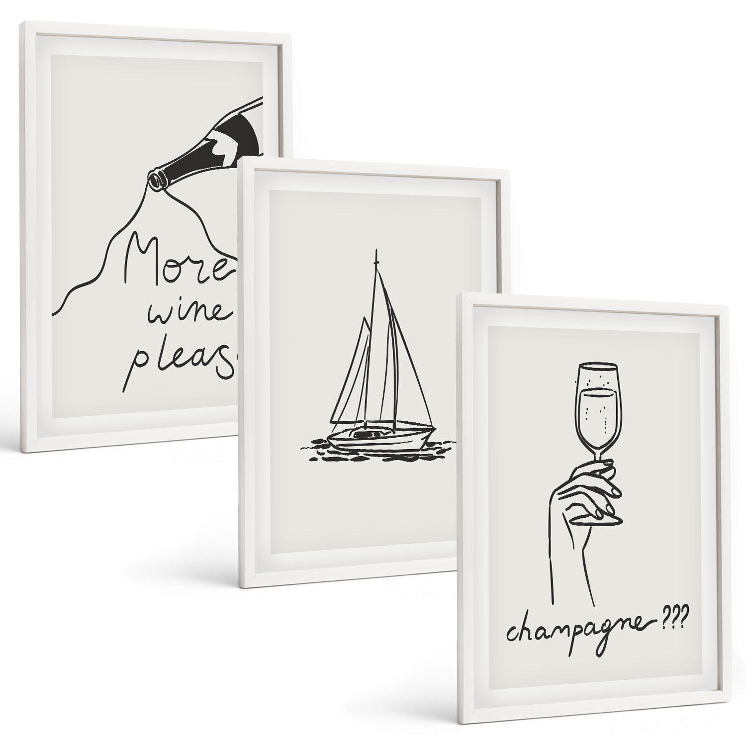 BILDER SET 3er Set - 40x60 cm Weißer Rahmen - Weinsegelboot-Glas-Linienzeichnung - Weiß, Kunststoff (40/60cm) - TULUP