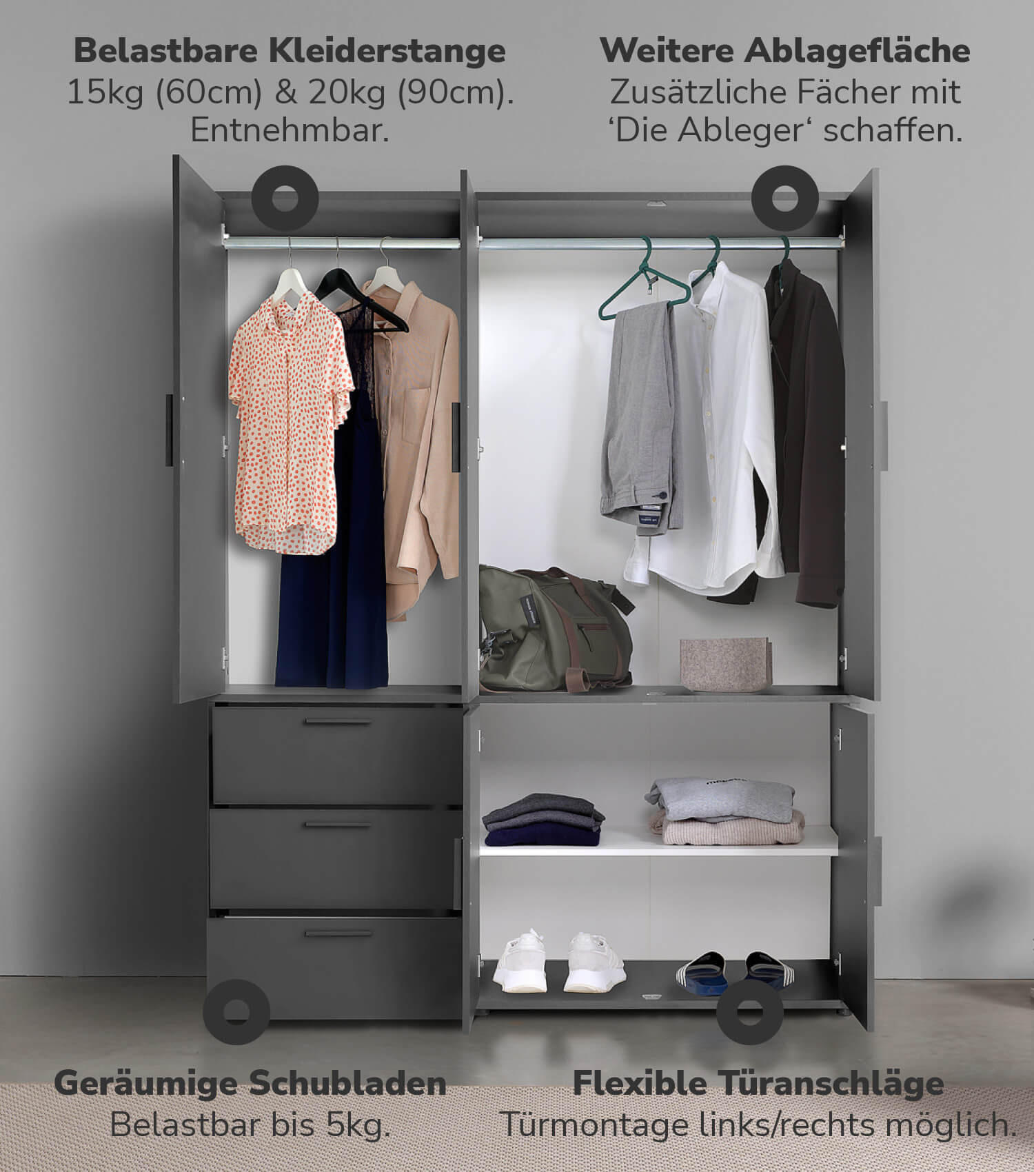 KLEIDERSCHRANK mit Spiegel Der Grenzenlose - Anthrazit, Holzwerkstoff (150/187/58cm) - Mokebo