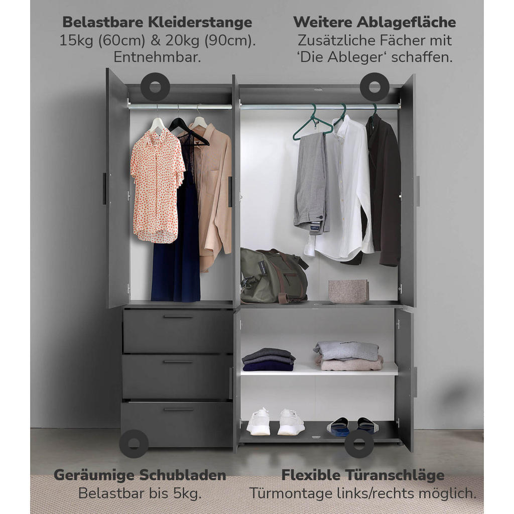 Thumbnail - Mokebo Kleiderschrank, Anthrazit, Holzwerkstoff, 1 Fächer, 150x187x58 cm, Schlafzimmer, Kleiderschränke, Drehtürenschrän...