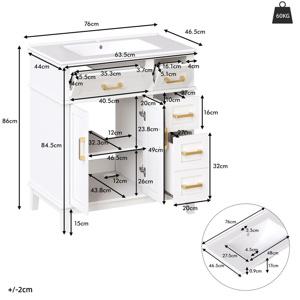 WASCHBECKENUNTERSCHRANK mit Keramikbecken 76 x 46,5 x 86 cm Weiß - Weiß, Metall (46.5/86/76cm) - Beauniv