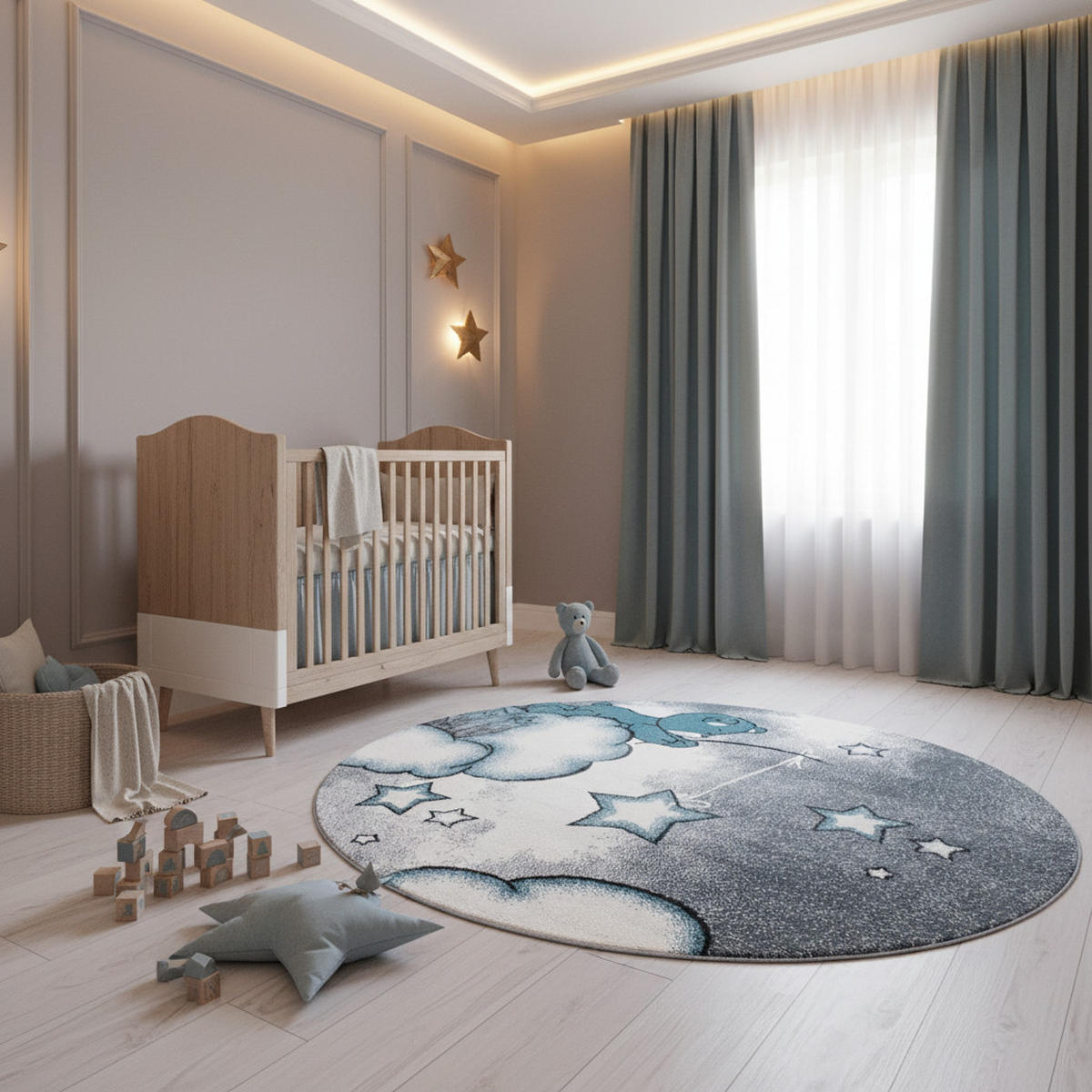 SPIELTEPPICH Bär Kindgerecht Waschbar Kinderzimmer Schadstoffgeprüft Rund Blau 120x120 cm – LAGO - Blau, Textil (120/120cm) - KADIMA DESIGN