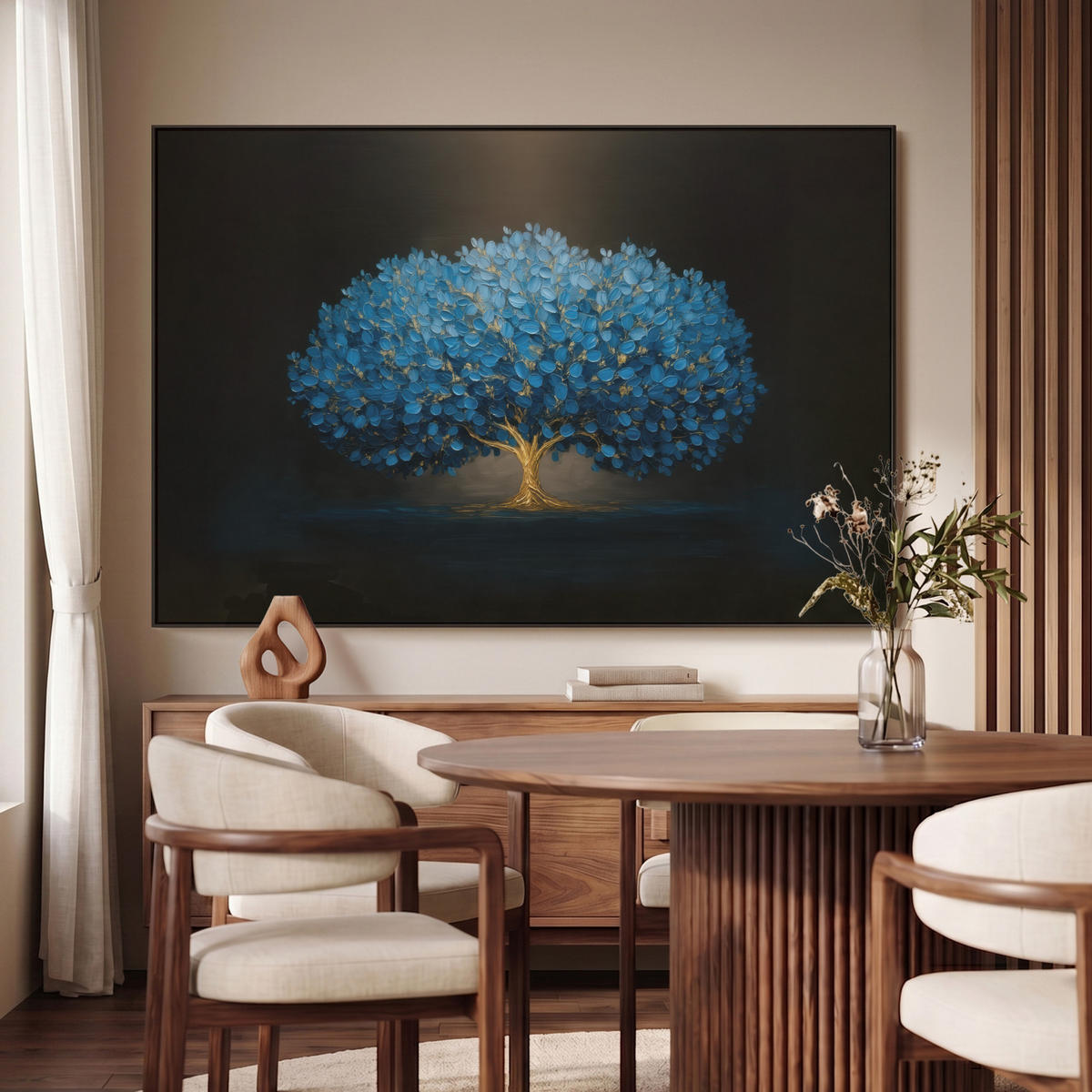 LEINWAND Bilder mit Rahmen - Baum - Blau - Blätter - Pinselstriche - 140x90 - Blau, Textil (140/90cm) - MuchoWow