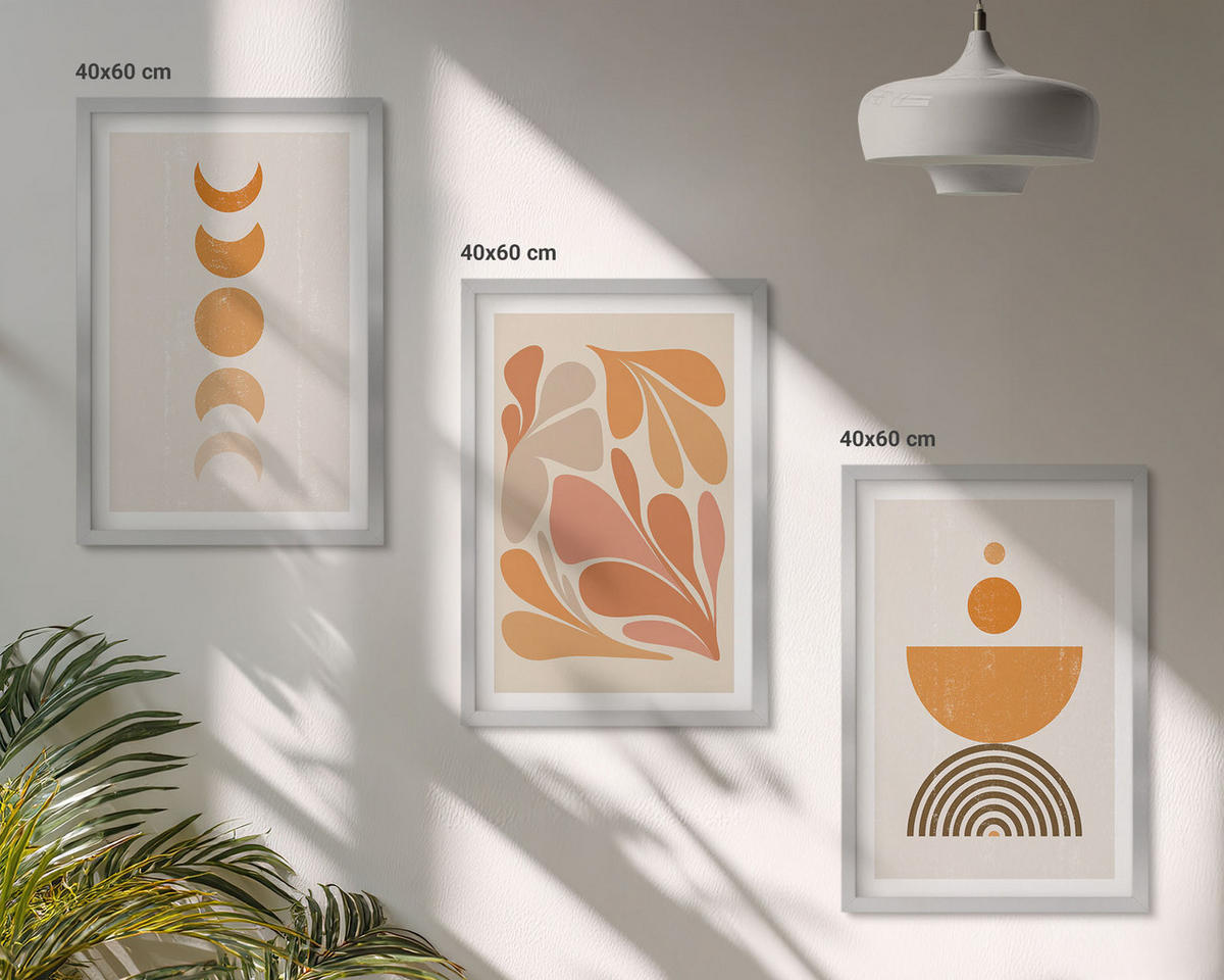 BILDER SET 3er Set - 40x60 cm Silberner Rahmen - Abstrakte orange Formen - Silberfarben, Kunststoff (40/60cm) - TULUP